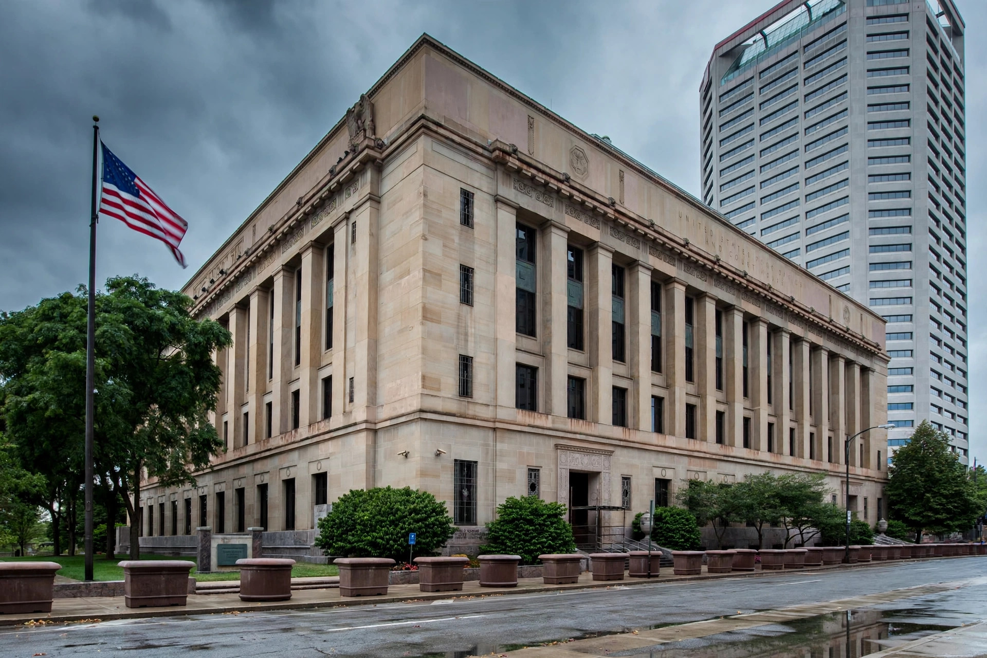 Editorial illustration: the exterior of a federal courthouse in Columbus, Ohio