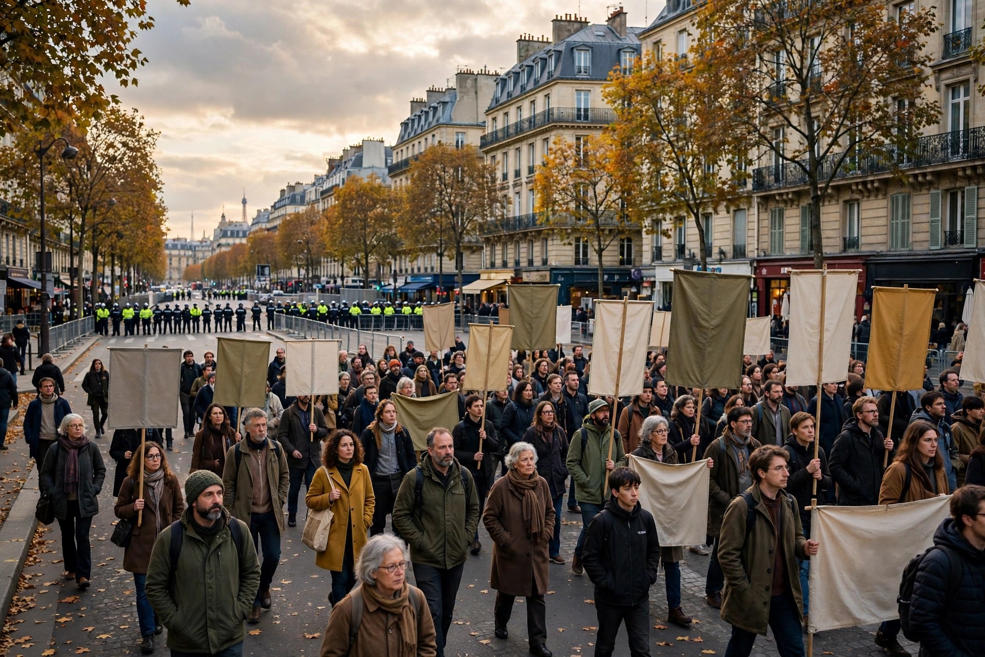Editorial illustration: a large protest march in Paris on an autumn afternoon