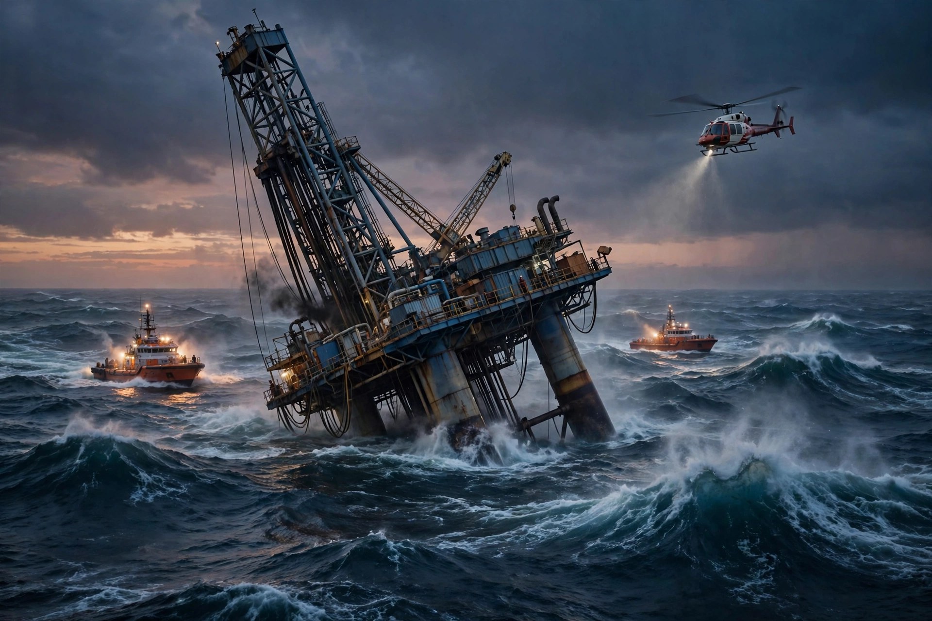 Editorial illustration: an offshore drilling rig listing heavily in open ocean at dusk, with rescue vessels nearby