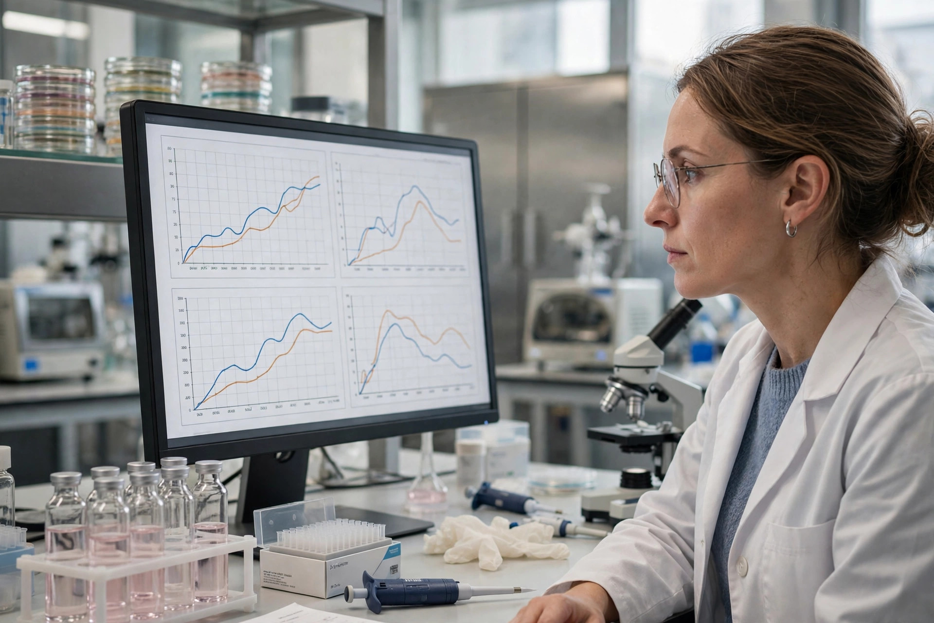 Editorial illustration: a cancer researcher reviewing trial results in an oncology laboratory