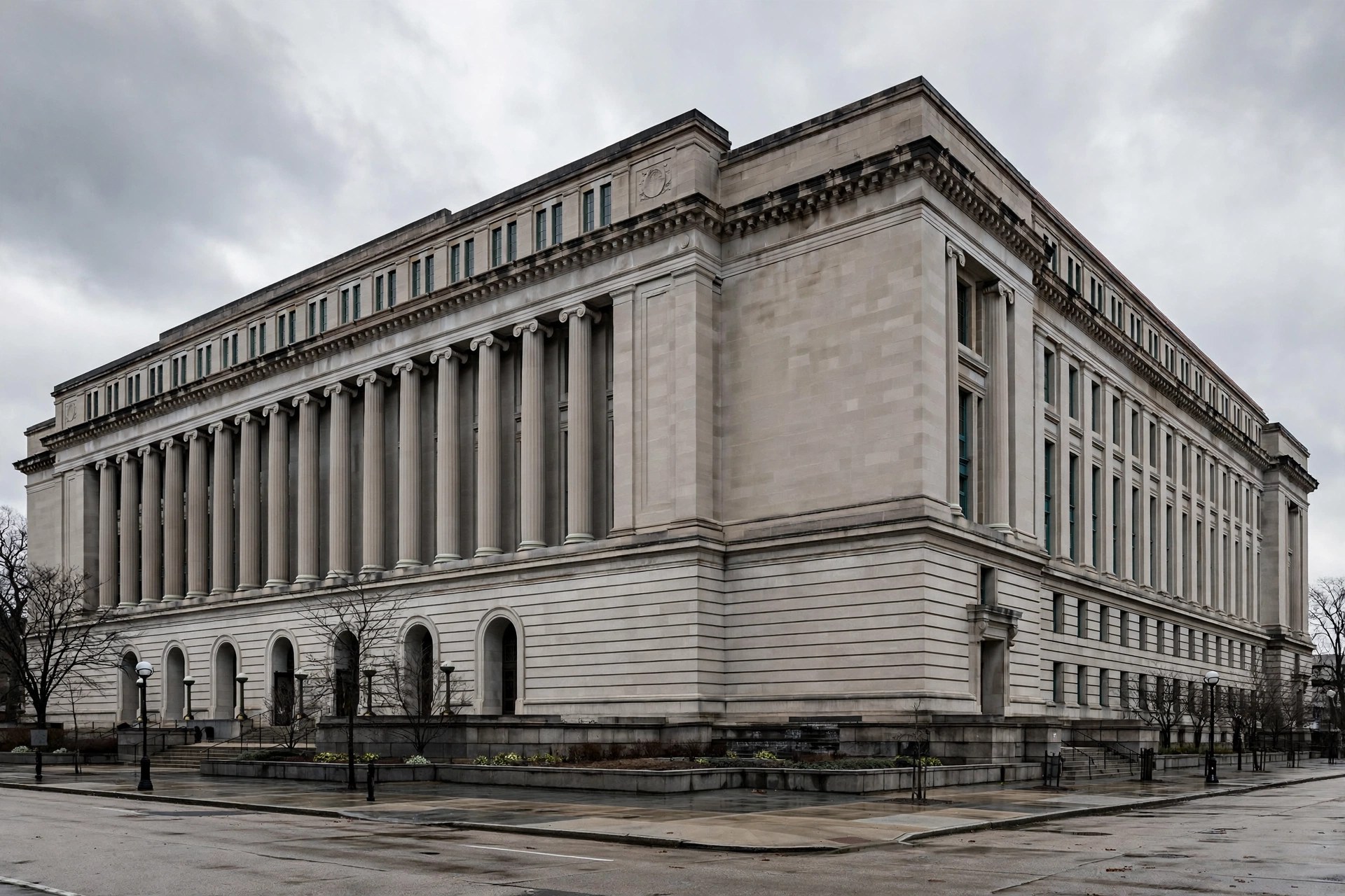 Editorial illustration: a county courthouse exterior in Cincinnati
