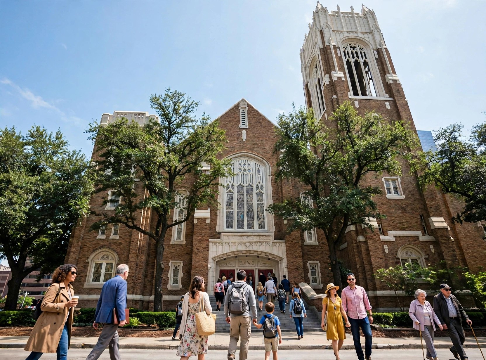 Editorial illustration: a large historic Methodist church with a tall steeple in Dallas on a Sunday morning