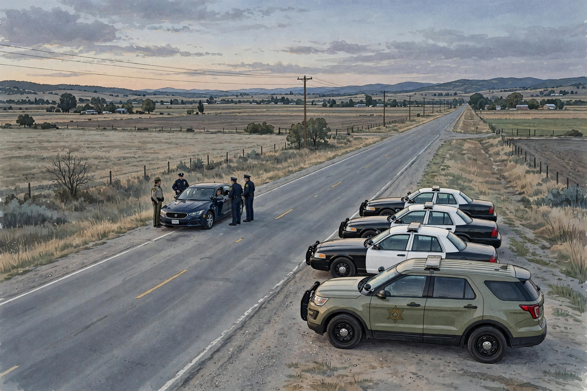 Editorial illustration: police vehicles along a highway at dusk during a traffic stop
