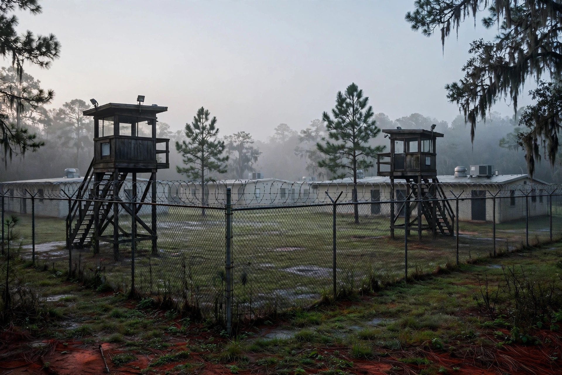 Editorial illustration: a detention facility fence and watchtower at dawn