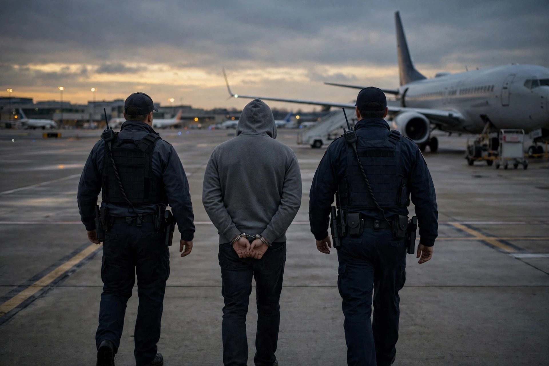 Editorial illustration: federal officers escorting a man across an airport tarmac toward an aircraft at dusk