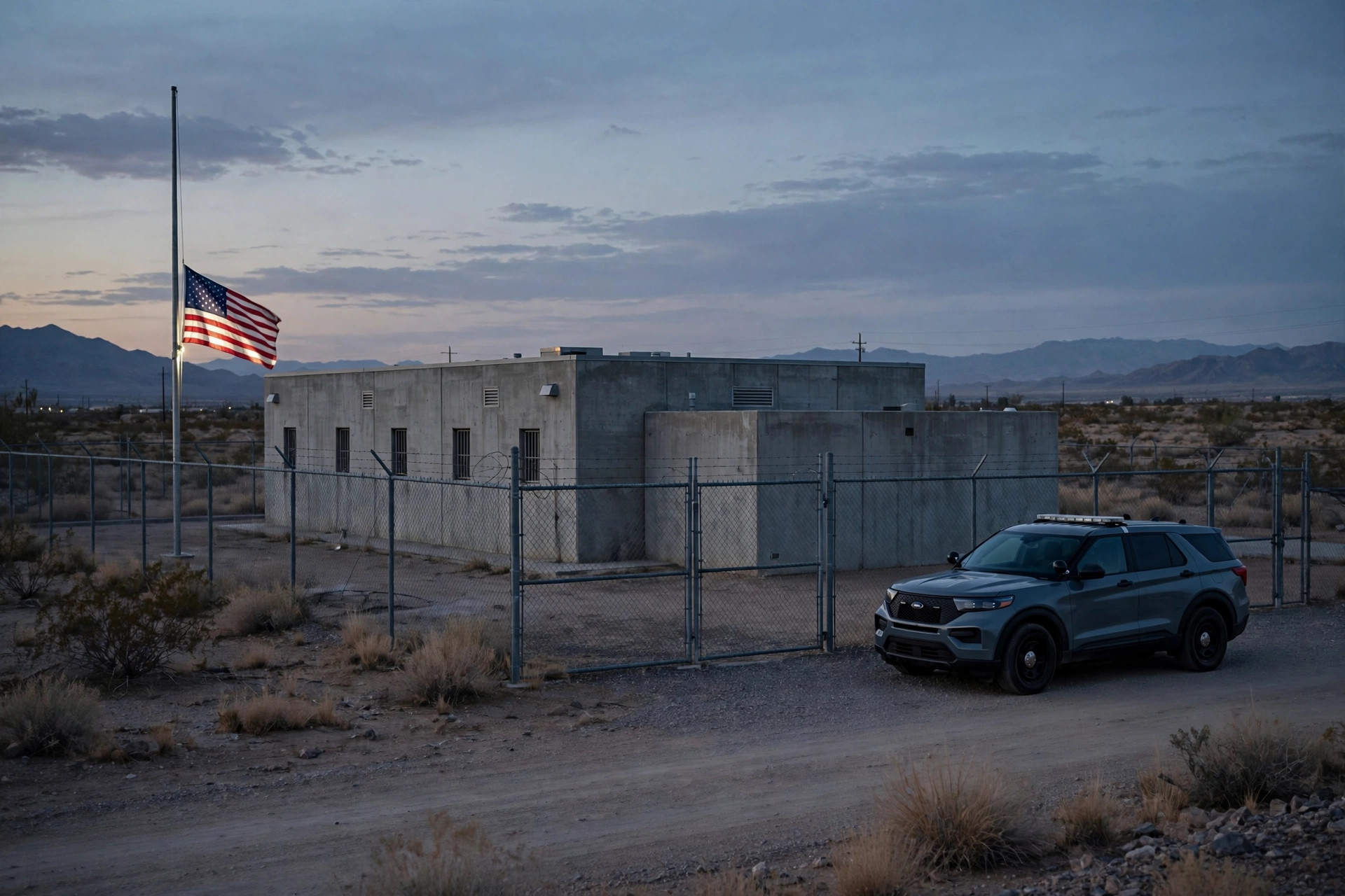 Editorial illustration: a detention facility in the Nevada desert at dusk