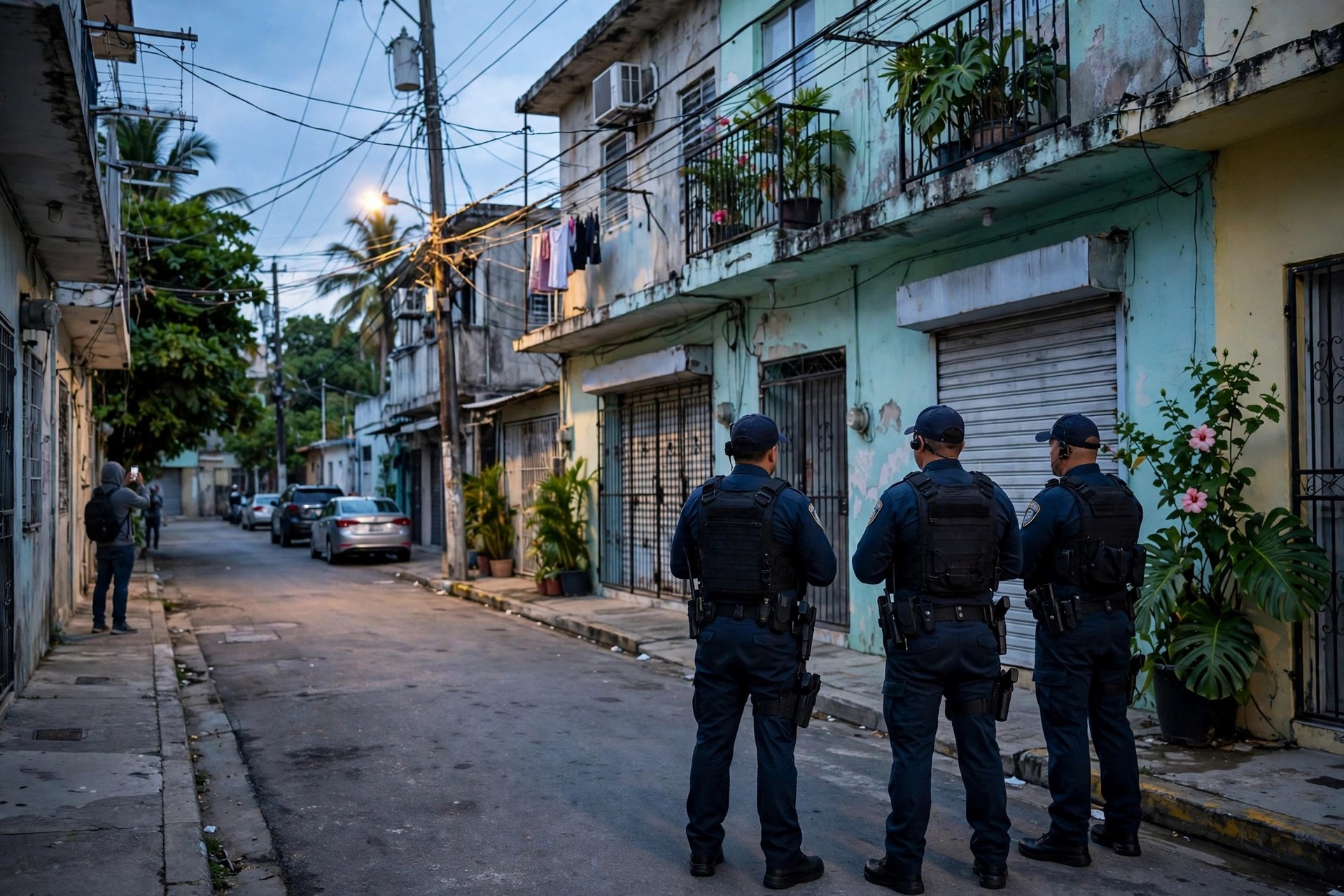 Editorial illustration: immigration officers on a street in Río Piedras at dusk, a person filming from a distance