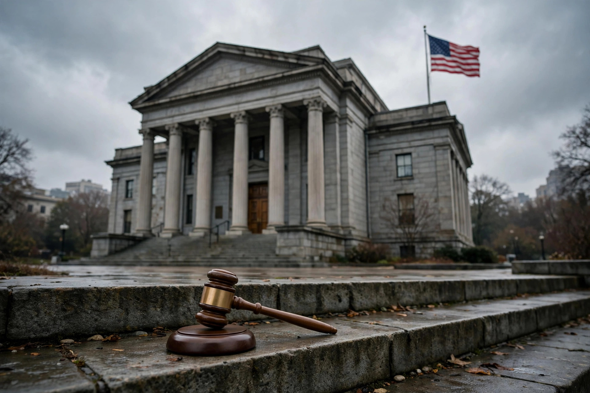 Editorial illustration: a federal immigration courthouse on a cloudy morning