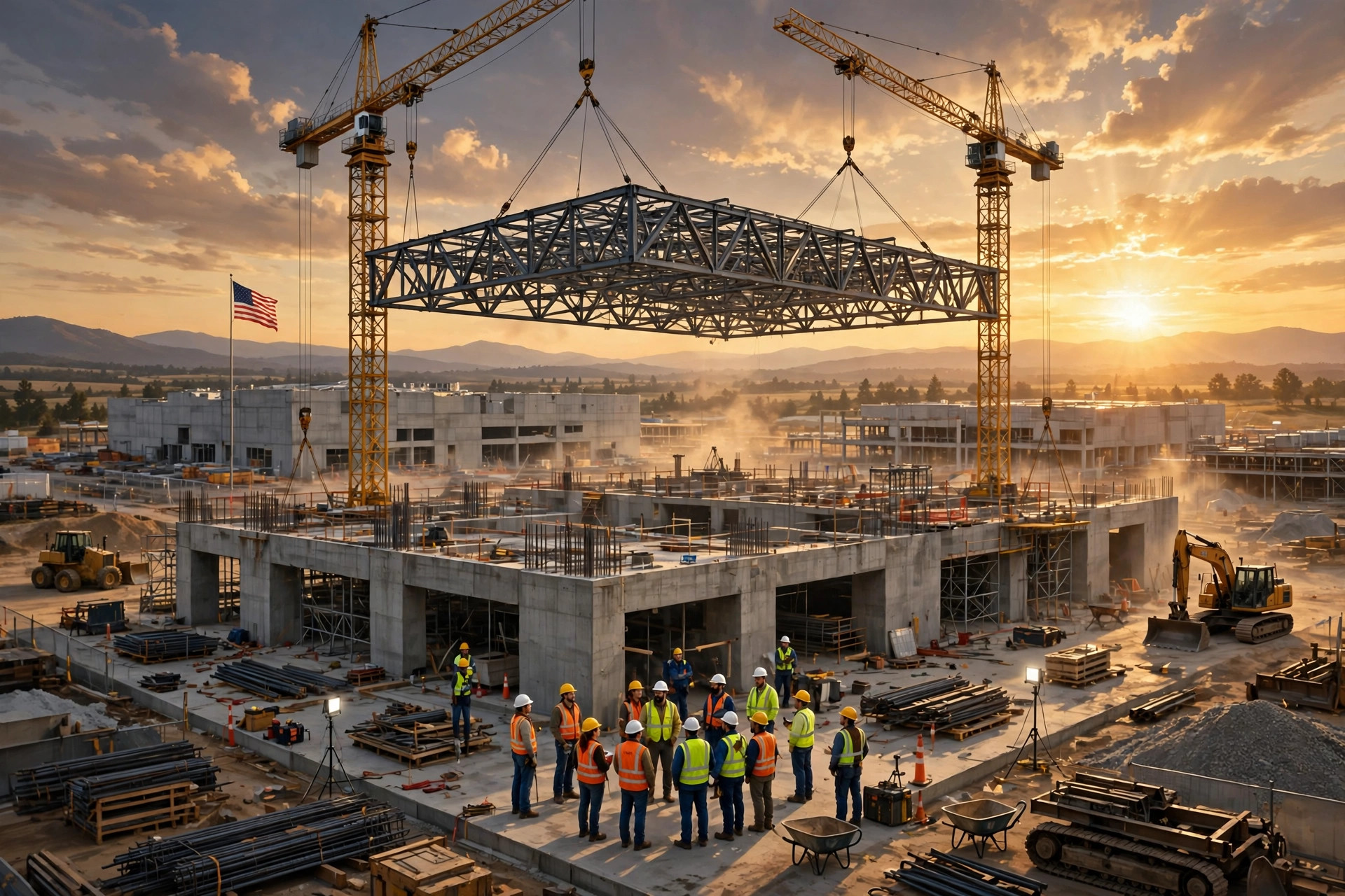 Editorial illustration: cranes lifting a steel truss at a semiconductor factory construction site