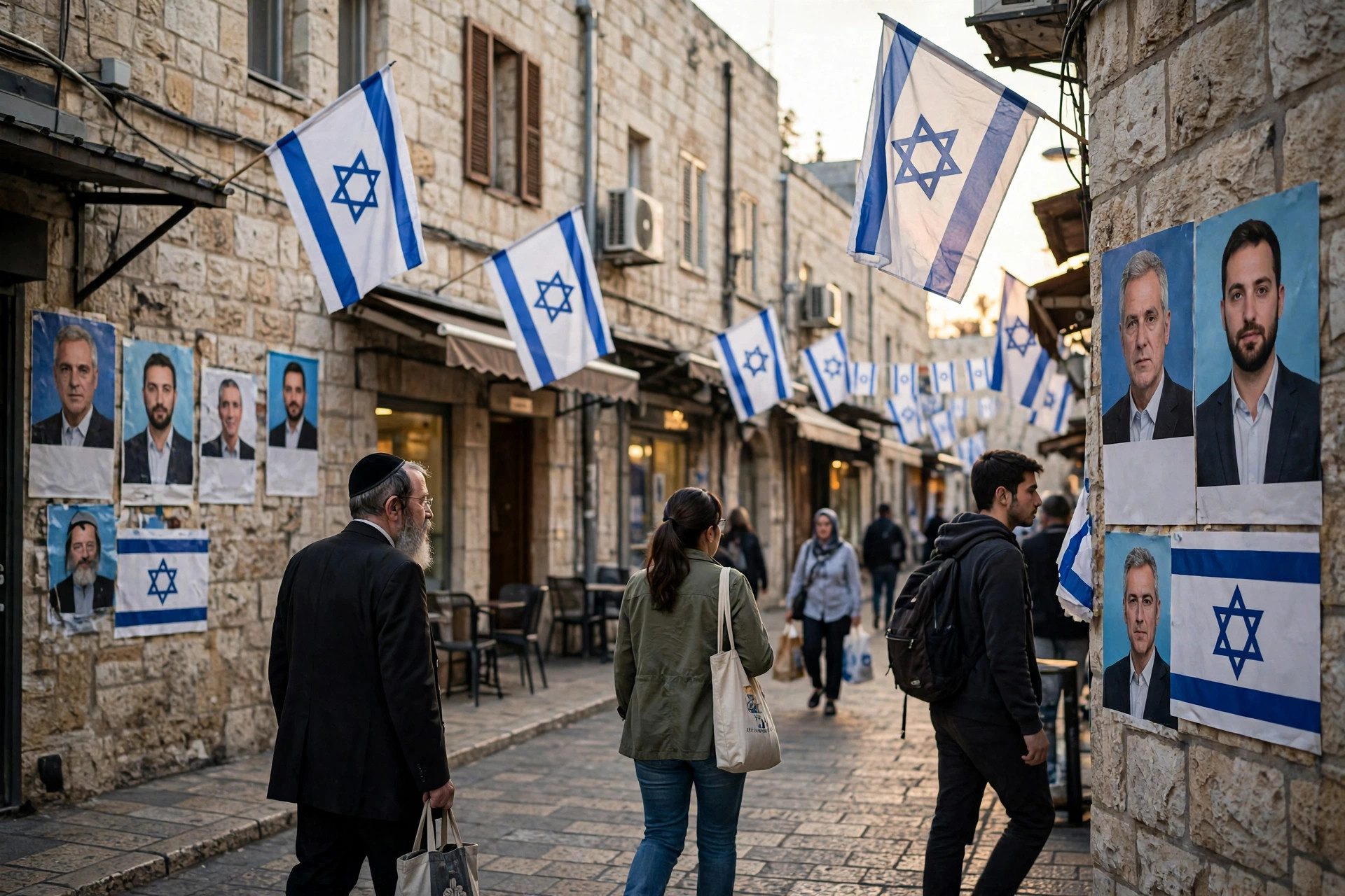 Editorial illustration: election campaign posters on a Jerusalem street