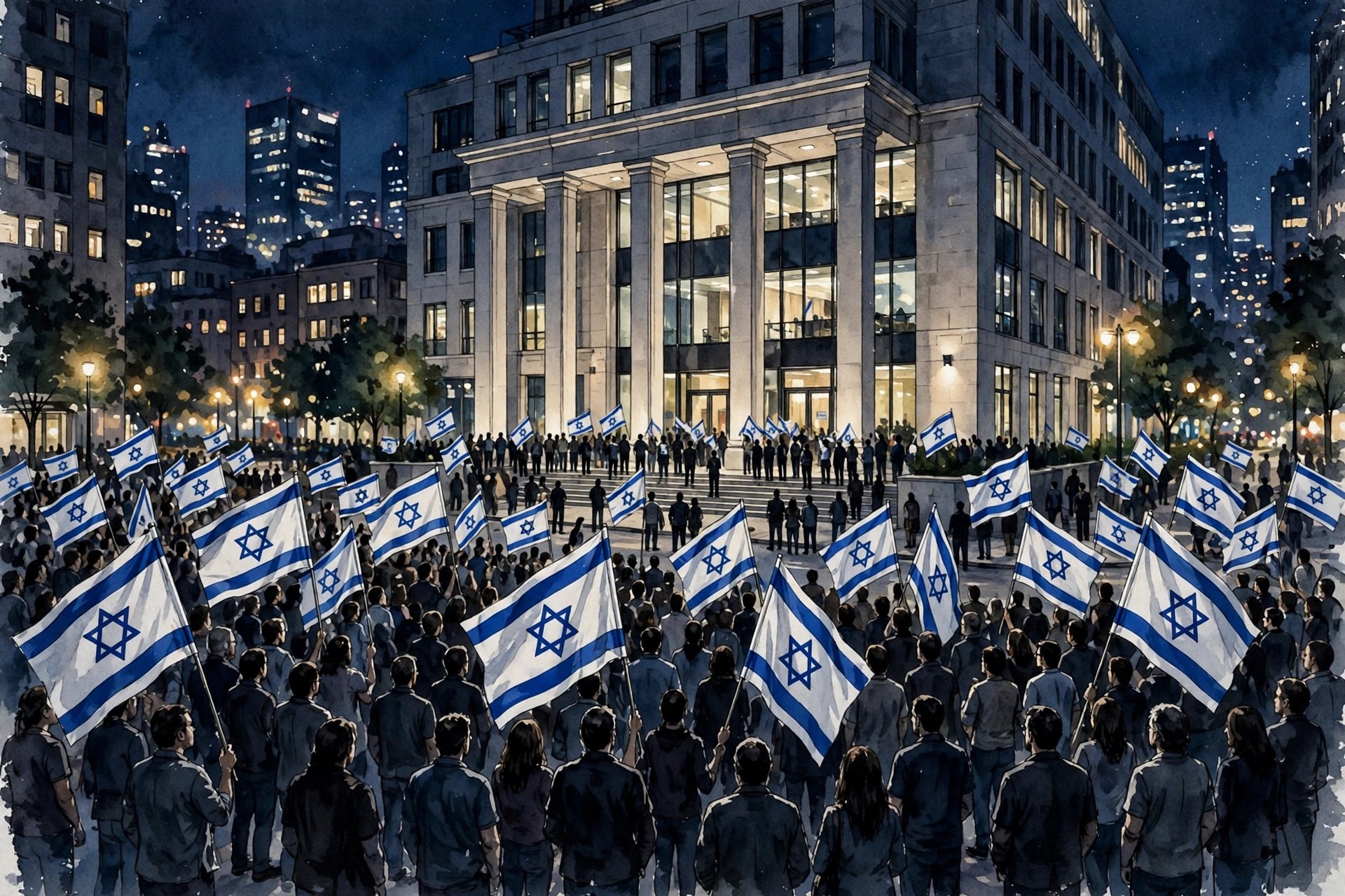 Editorial illustration: a crowd waving Israeli flags at night outside an election headquarters building