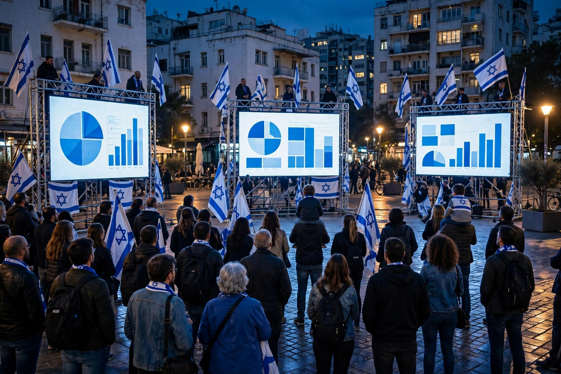 Editorial illustration: an election night crowd in a Tel Aviv plaza watching large screens, Israeli flags in blue and white