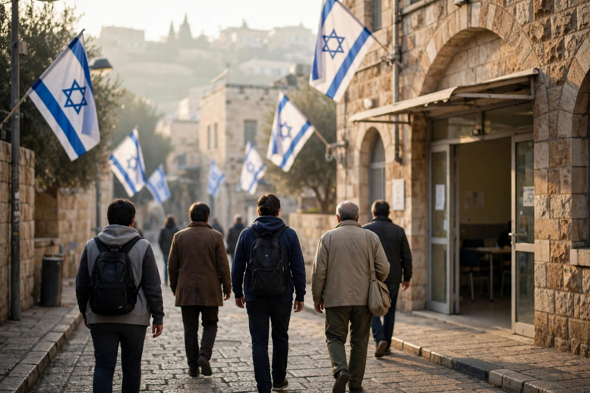 Editorial illustration: voters walking toward a polling station in Jerusalem in morning light