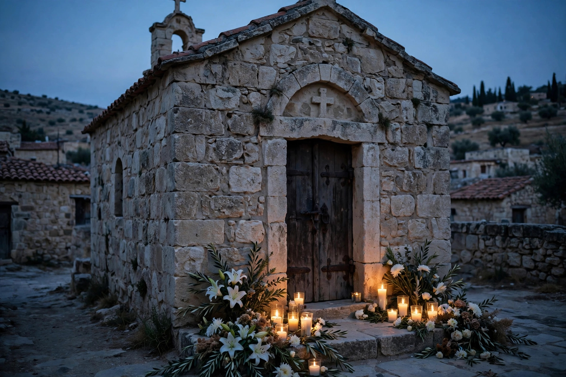 Editorial illustration: the stone exterior of a small historic church at dusk, with lit candles and flowers outside the door