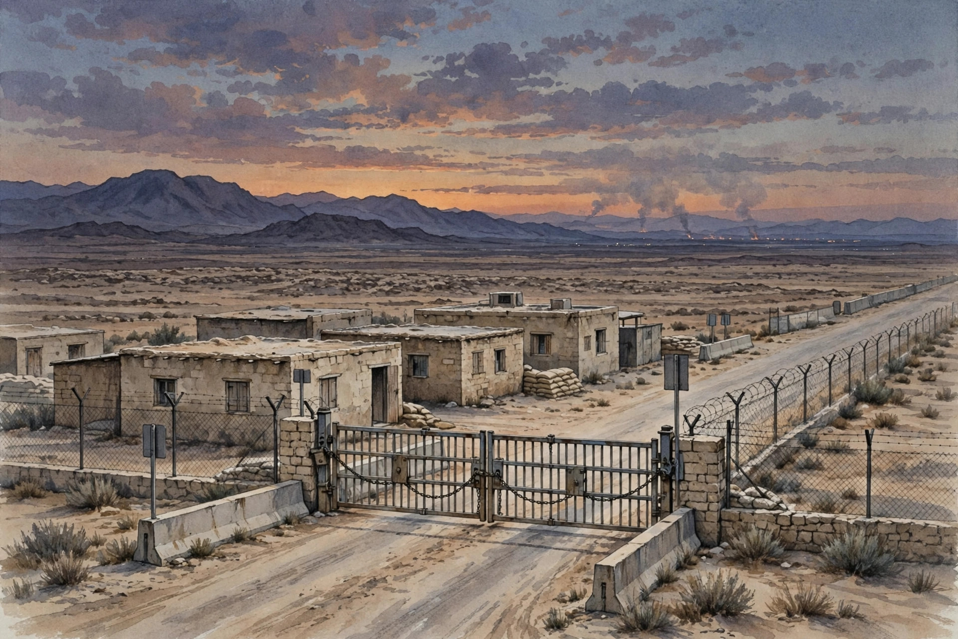 Editorial illustration: a closed desert border crossing at dusk, with smoke on the distant horizon