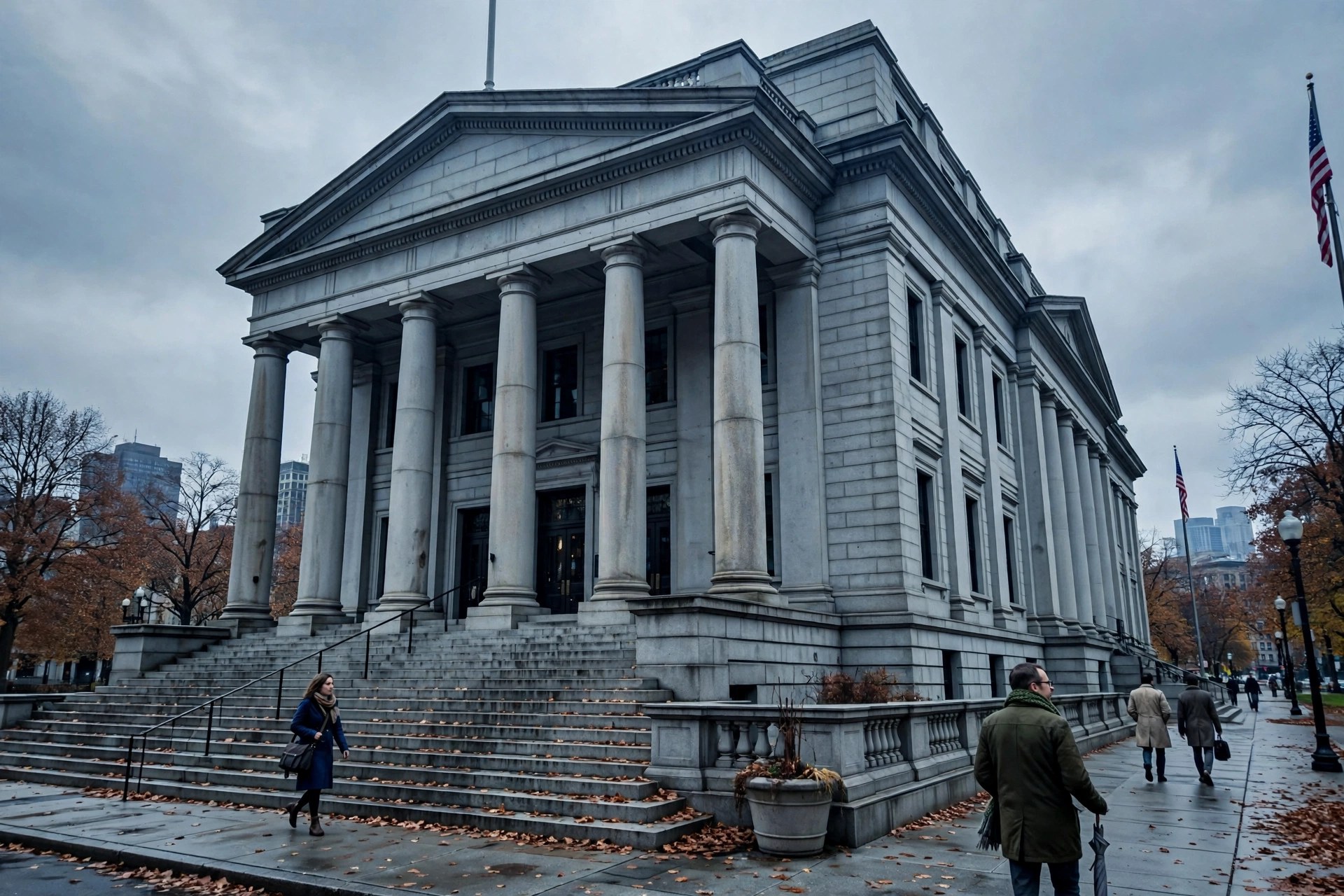 Editorial illustration: a federal courthouse exterior in Boston on an overcast autumn day