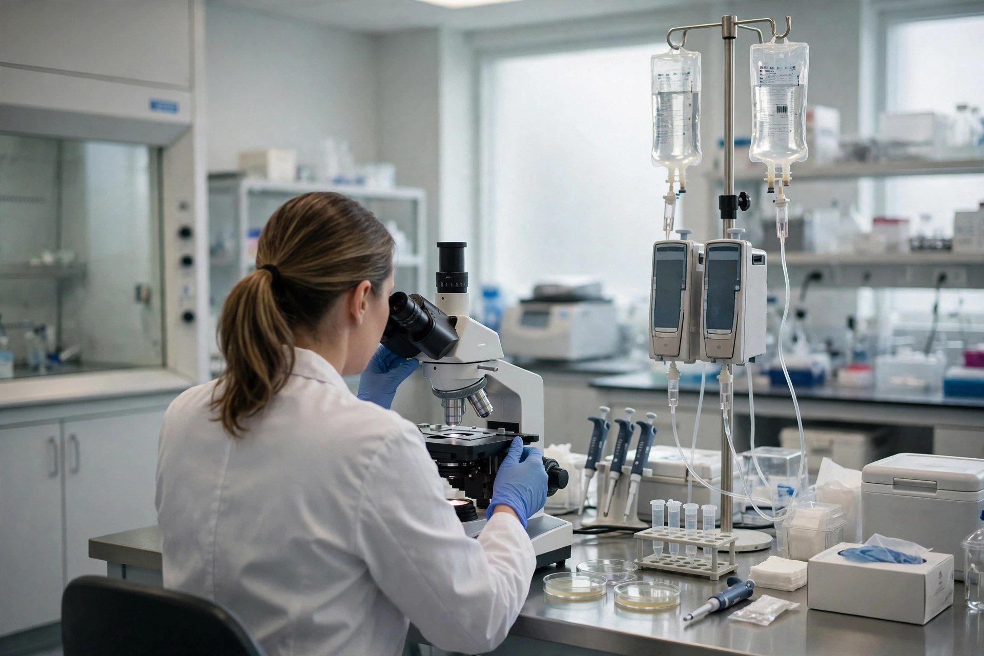 Editorial illustration: a researcher examining a sample under a microscope in a modern oncology laboratory