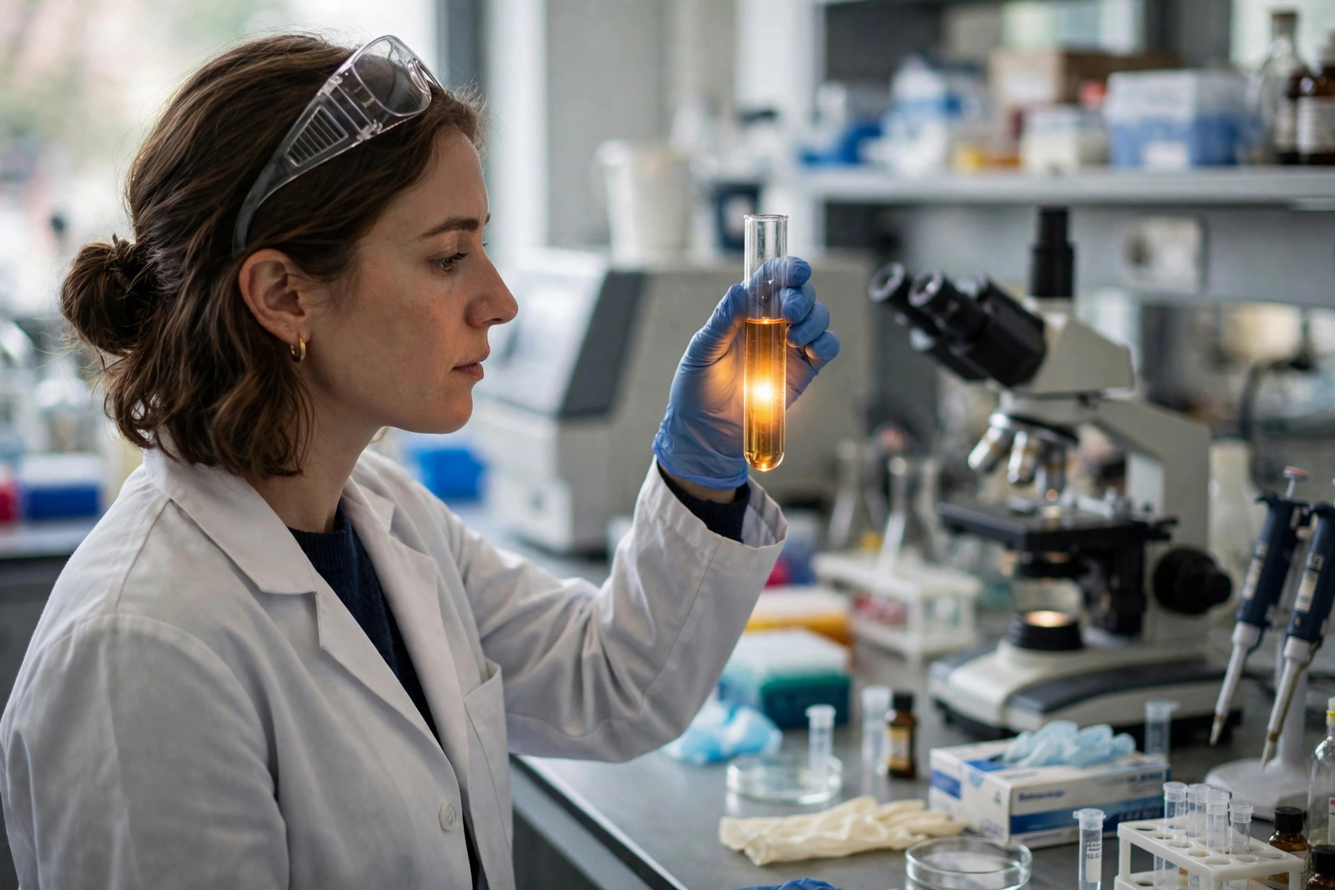 Editorial illustration: a scientist in a cancer research laboratory examining a test tube