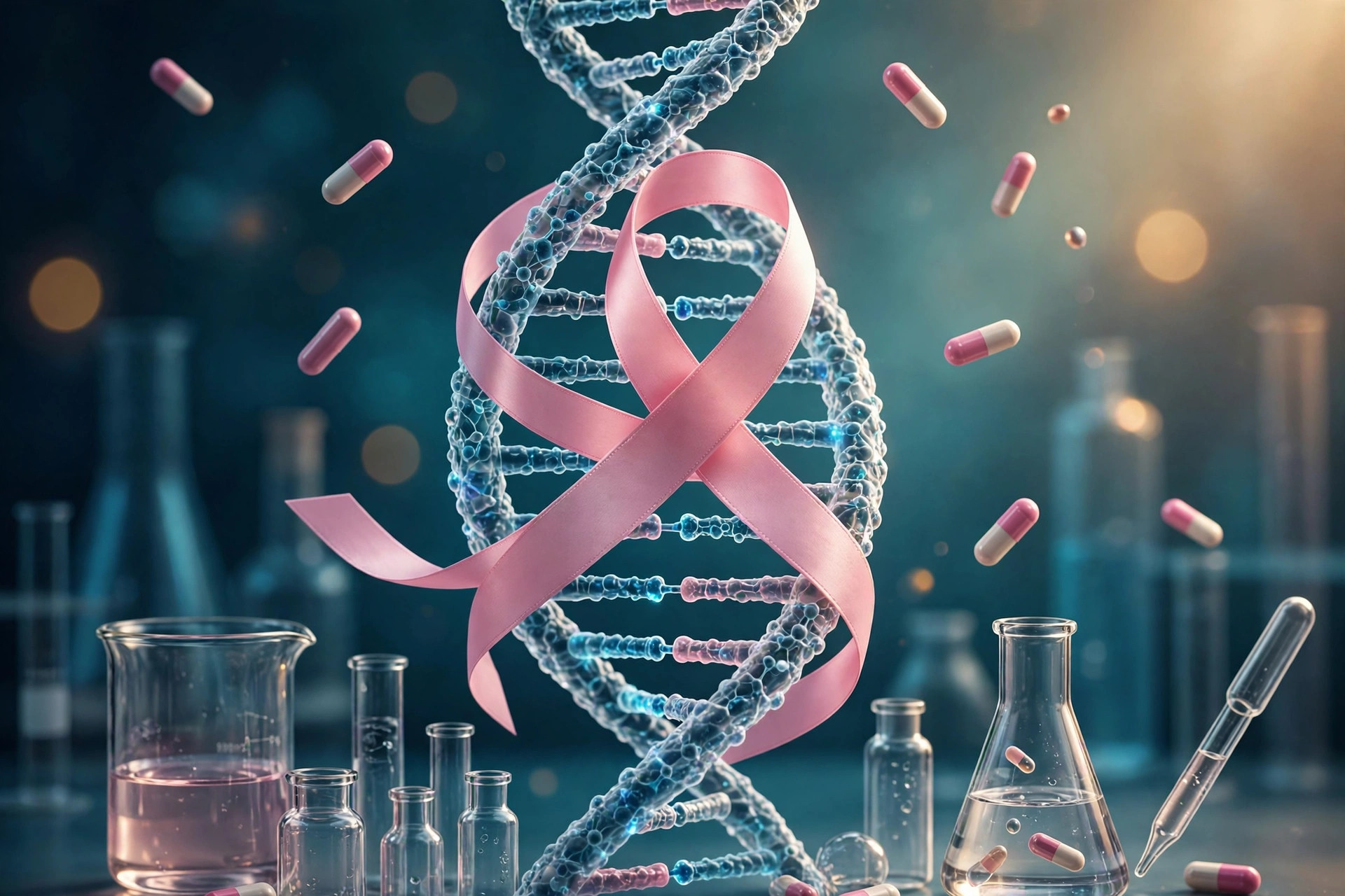 Editorial illustration: a breast-cancer awareness ribbon intertwined with a DNA helix and laboratory glassware