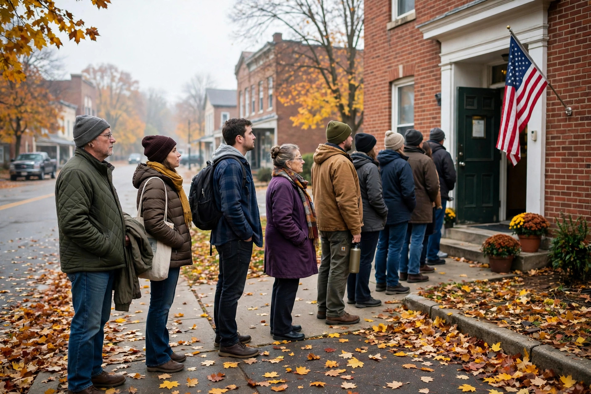 Editorial illustration: voters in line outside a county board of elections building in Ohio