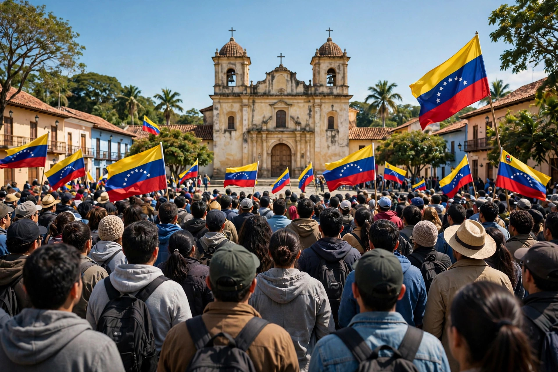 Editorial illustration: a crowd gathered outside a church in a Venezuelan town square, flags waving