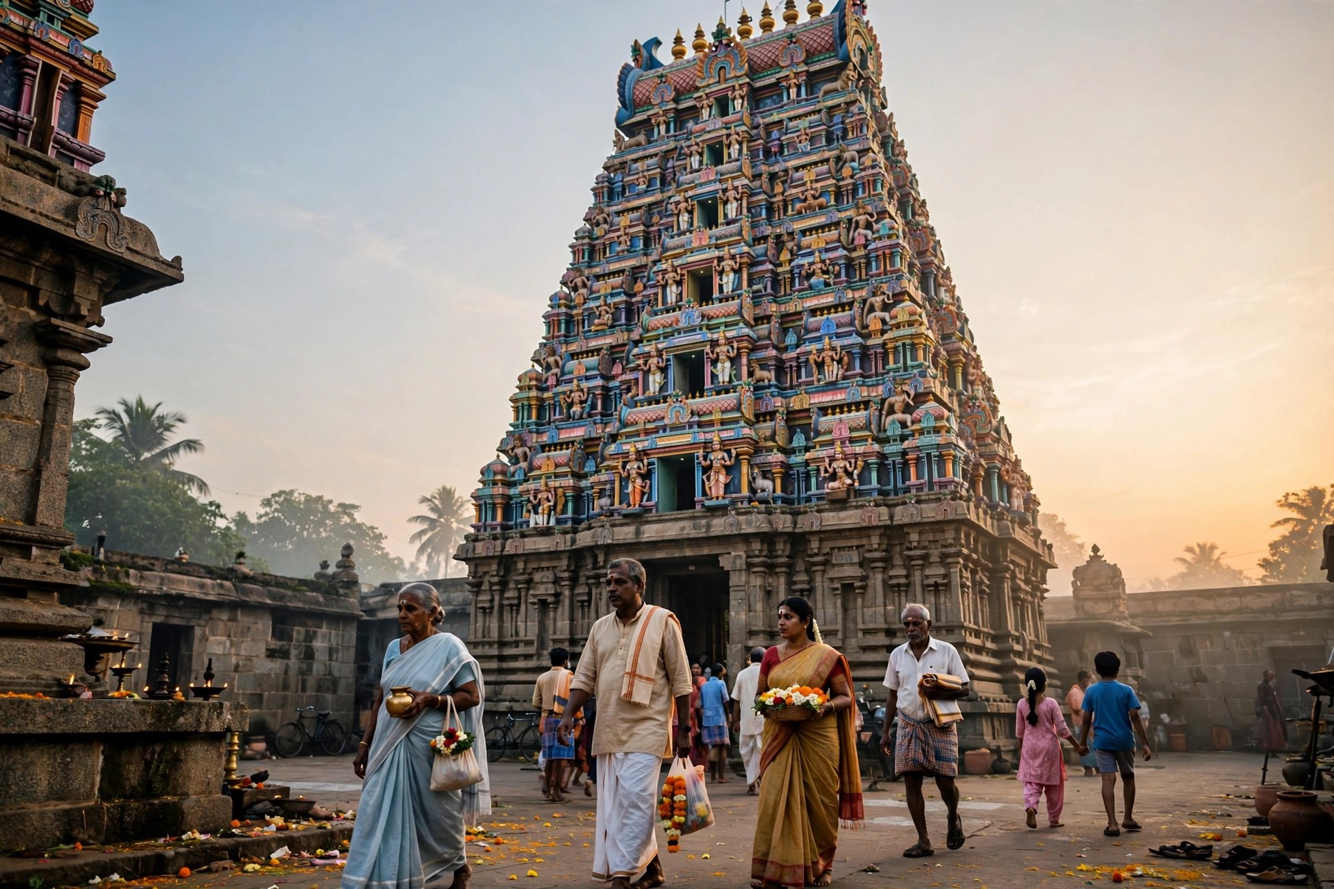 Editorial illustration: a tall carved South Indian Hindu temple tower at dawn