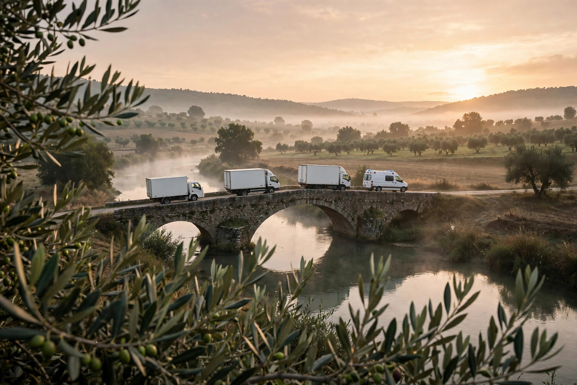 Editorial illustration: a humanitarian aid convoy crossing a rural bridge at sunrise