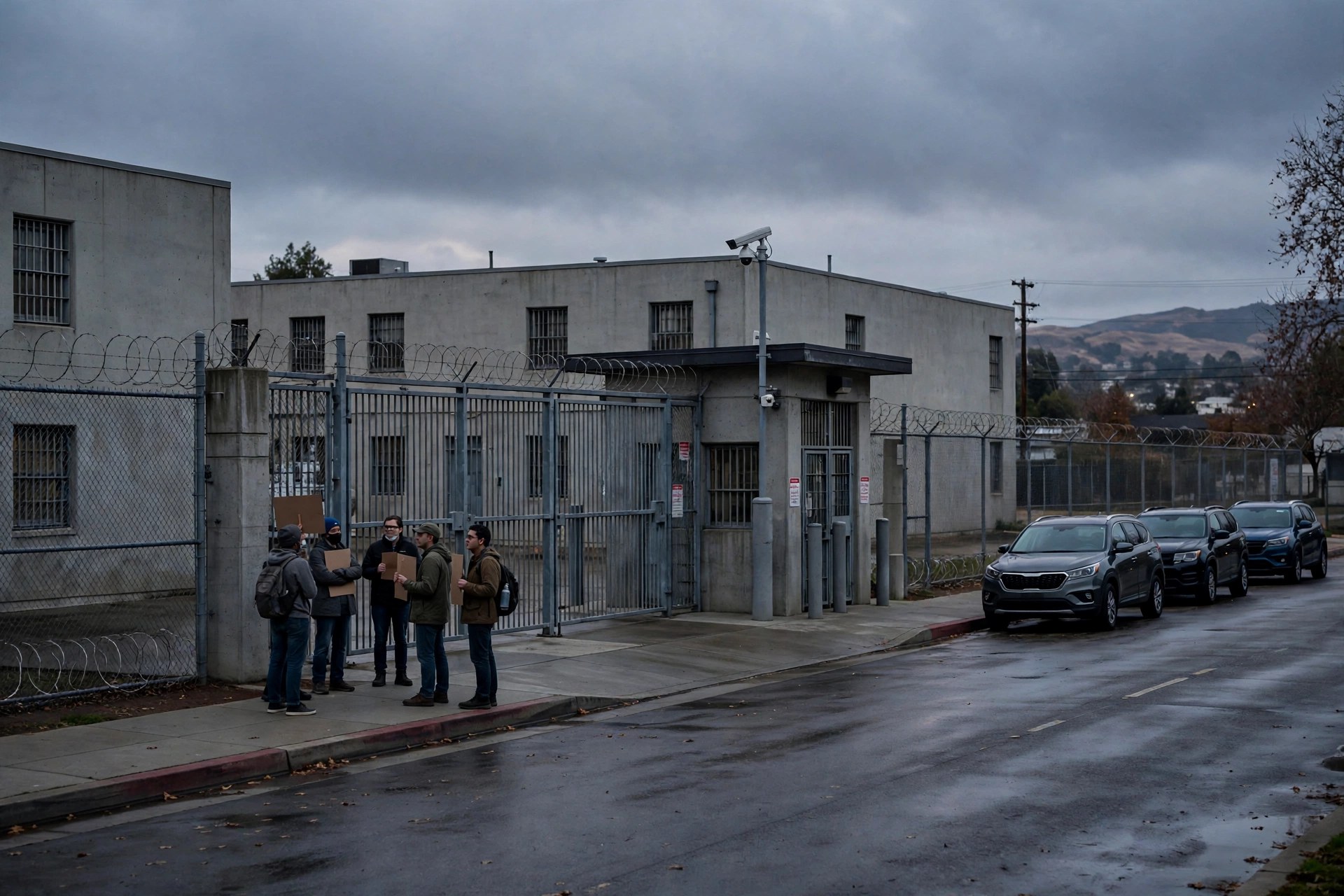 Editorial illustration: a county jail exterior at dusk with a small group of protesters outside the gate