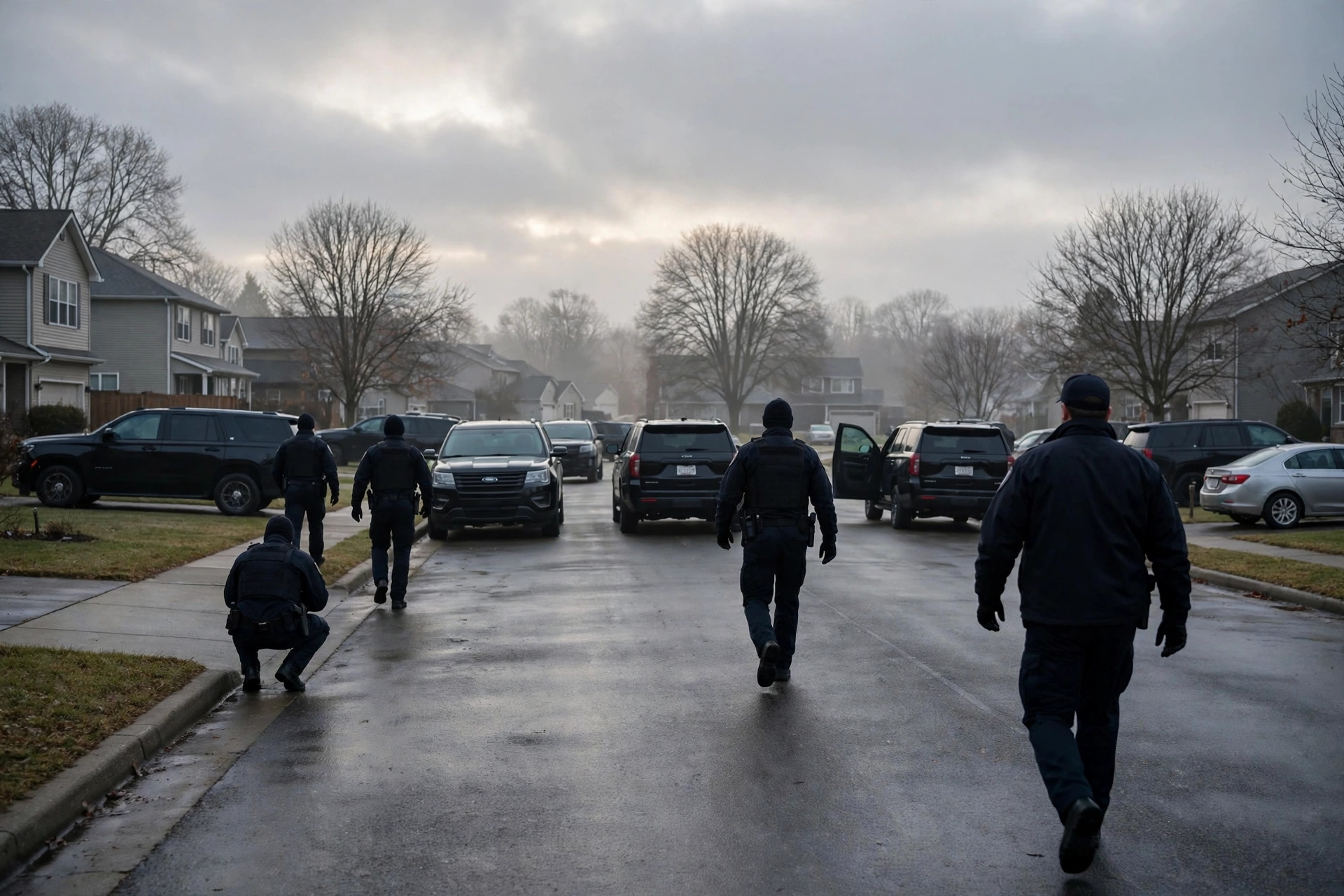 Editorial illustration: U.S. immigration enforcement vehicles at dawn during a deportation operation