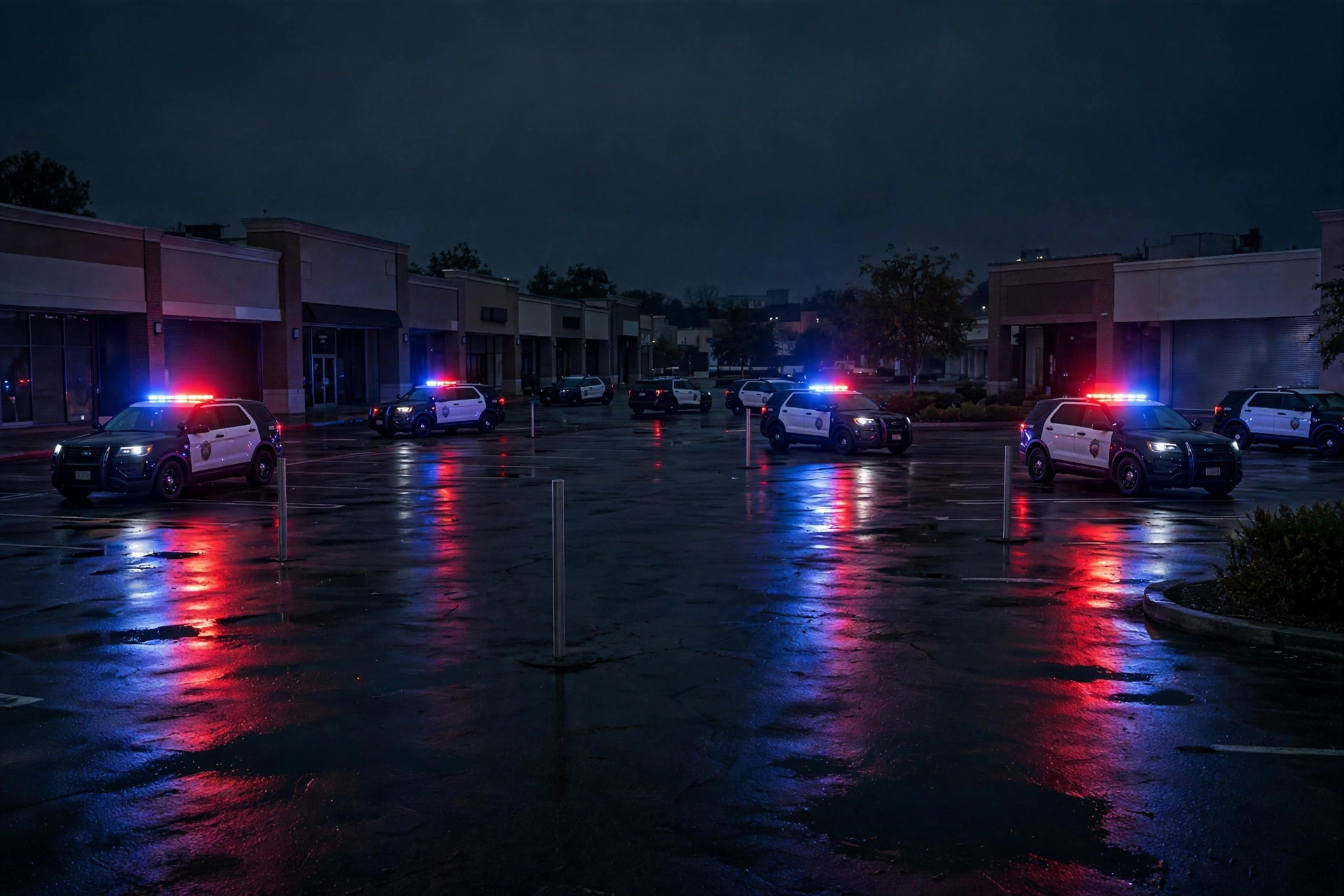 Editorial illustration: police tape cordoning off an empty shopping plaza parking lot at night, no victims depicted