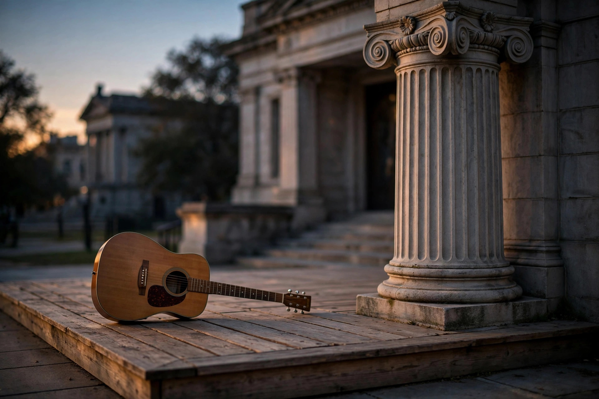 Editorial illustration: an acoustic guitar resting on a wooden stage next to a courthouse column