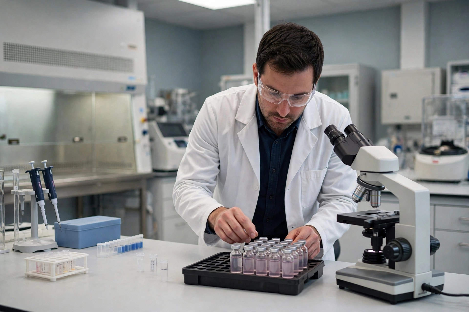 Editorial illustration: a modern oncology laboratory with a researcher holding a tray of medicine vials