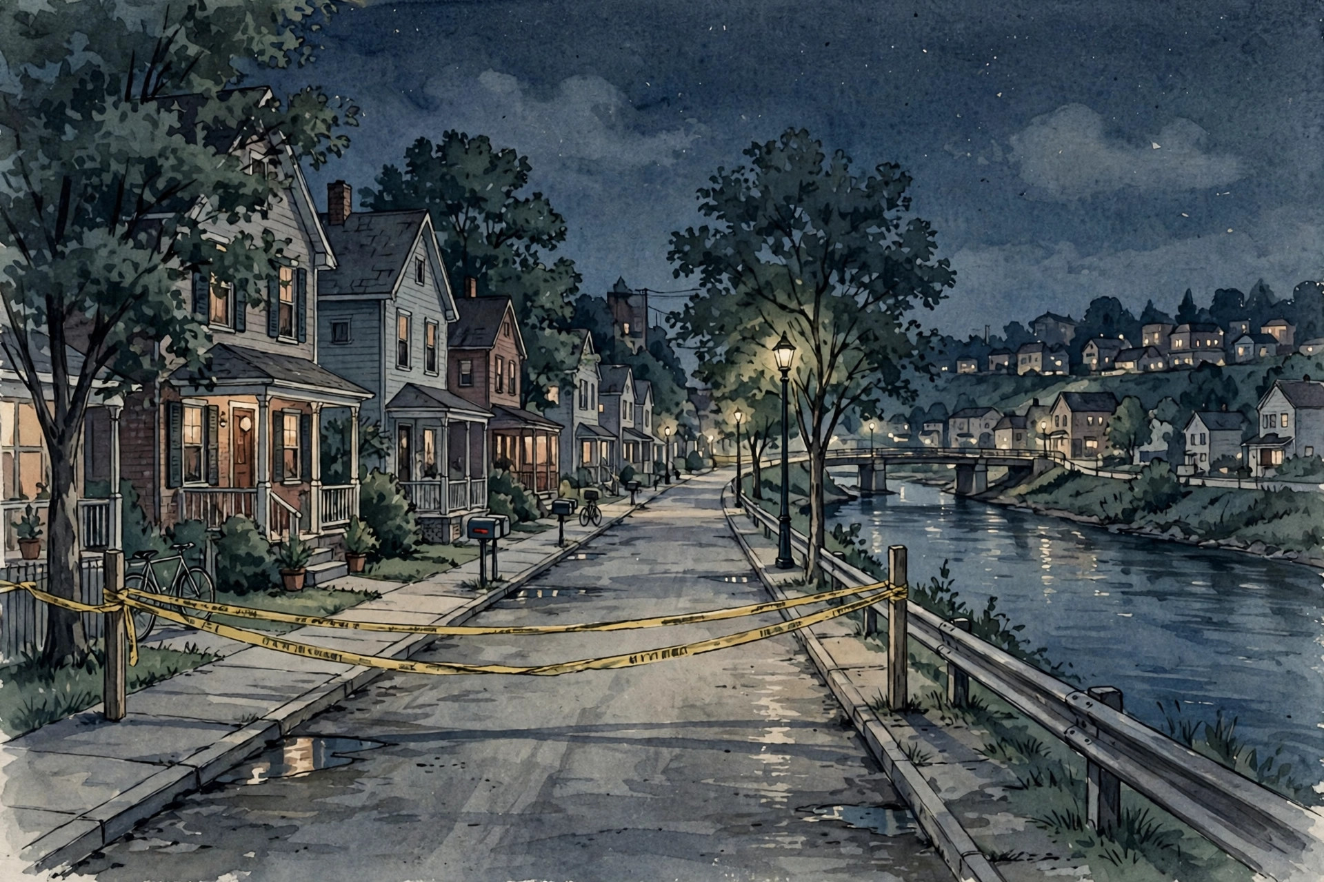 Editorial illustration: a quiet residential street in a small river city at night with police tape across a sidewalk