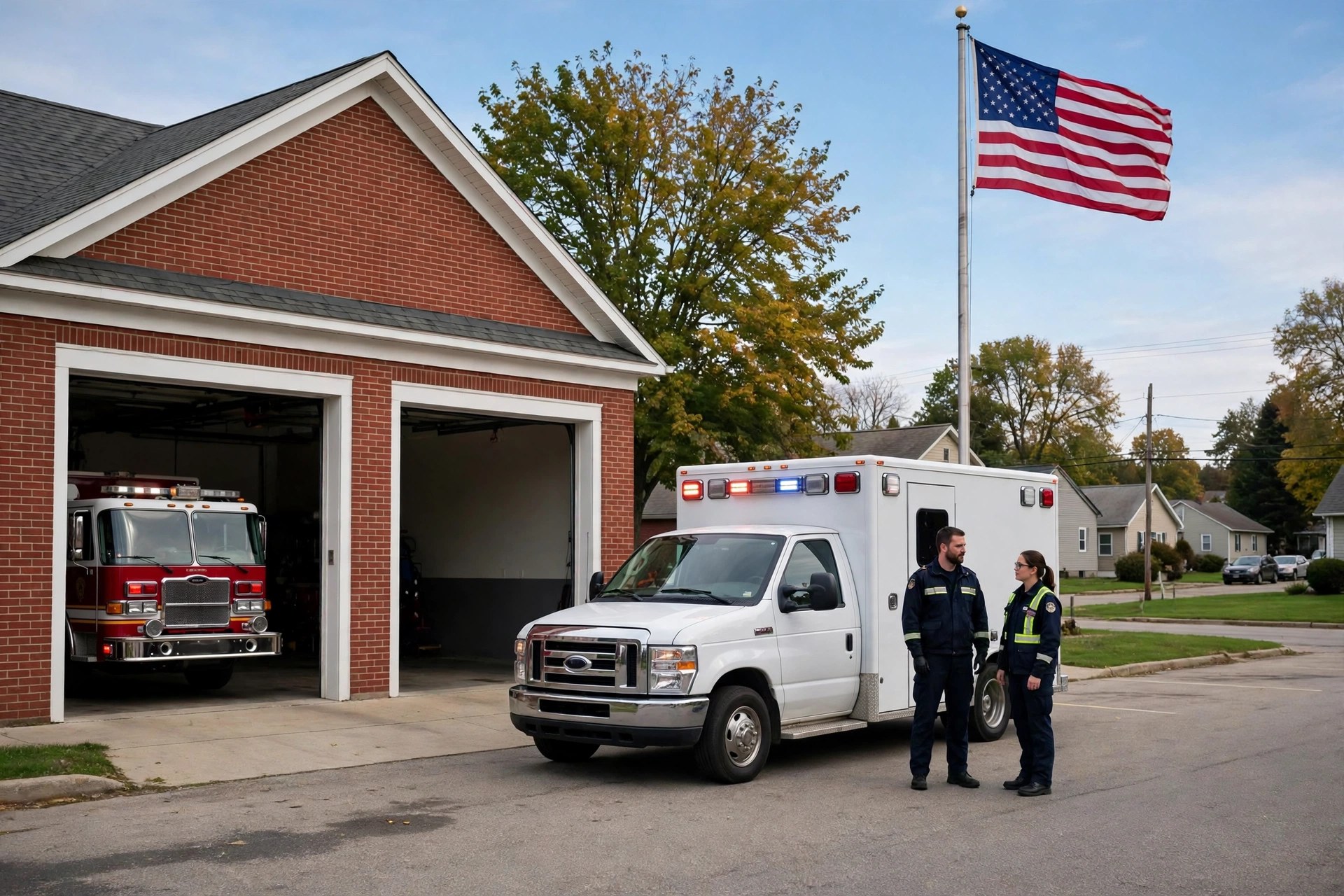Editorial illustration: an ambulance at a fire station in an Ohio suburb
