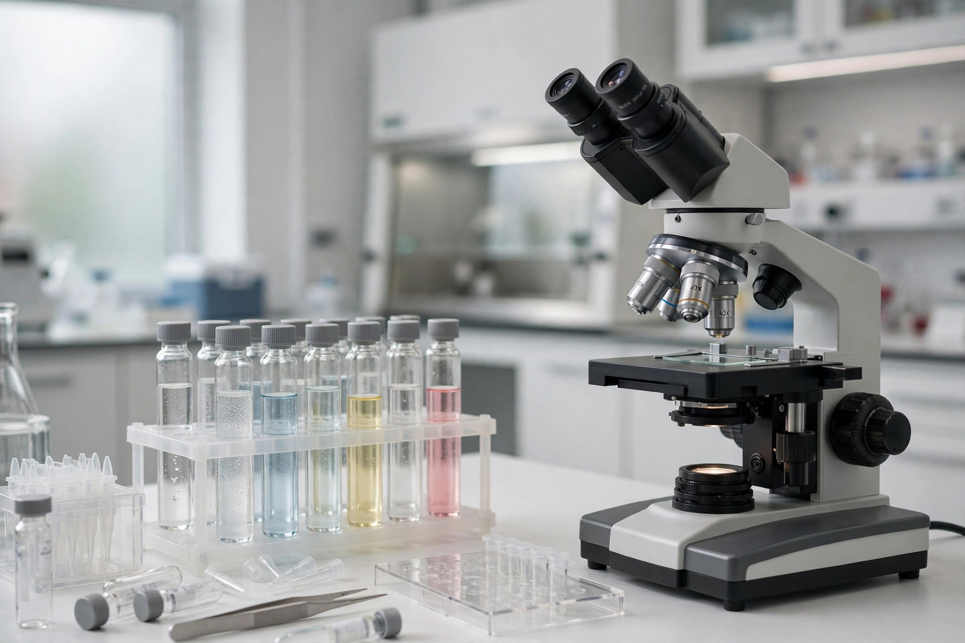 Editorial illustration: laboratory vials and a microscope in a medical research lab