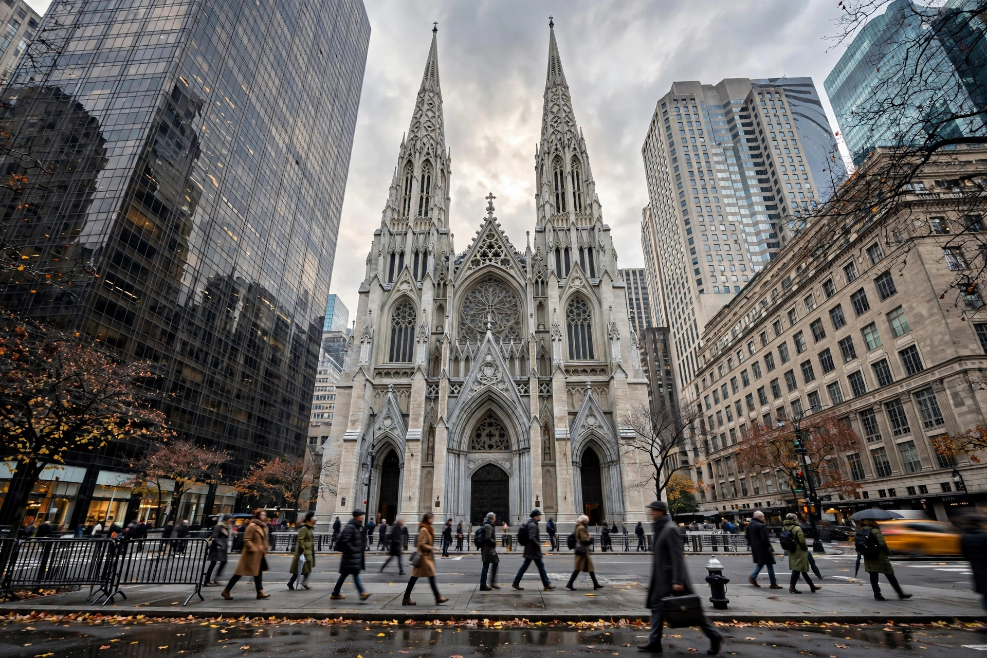 Editorial illustration: St. Patrick's Cathedral in New York City on a grey autumn afternoon