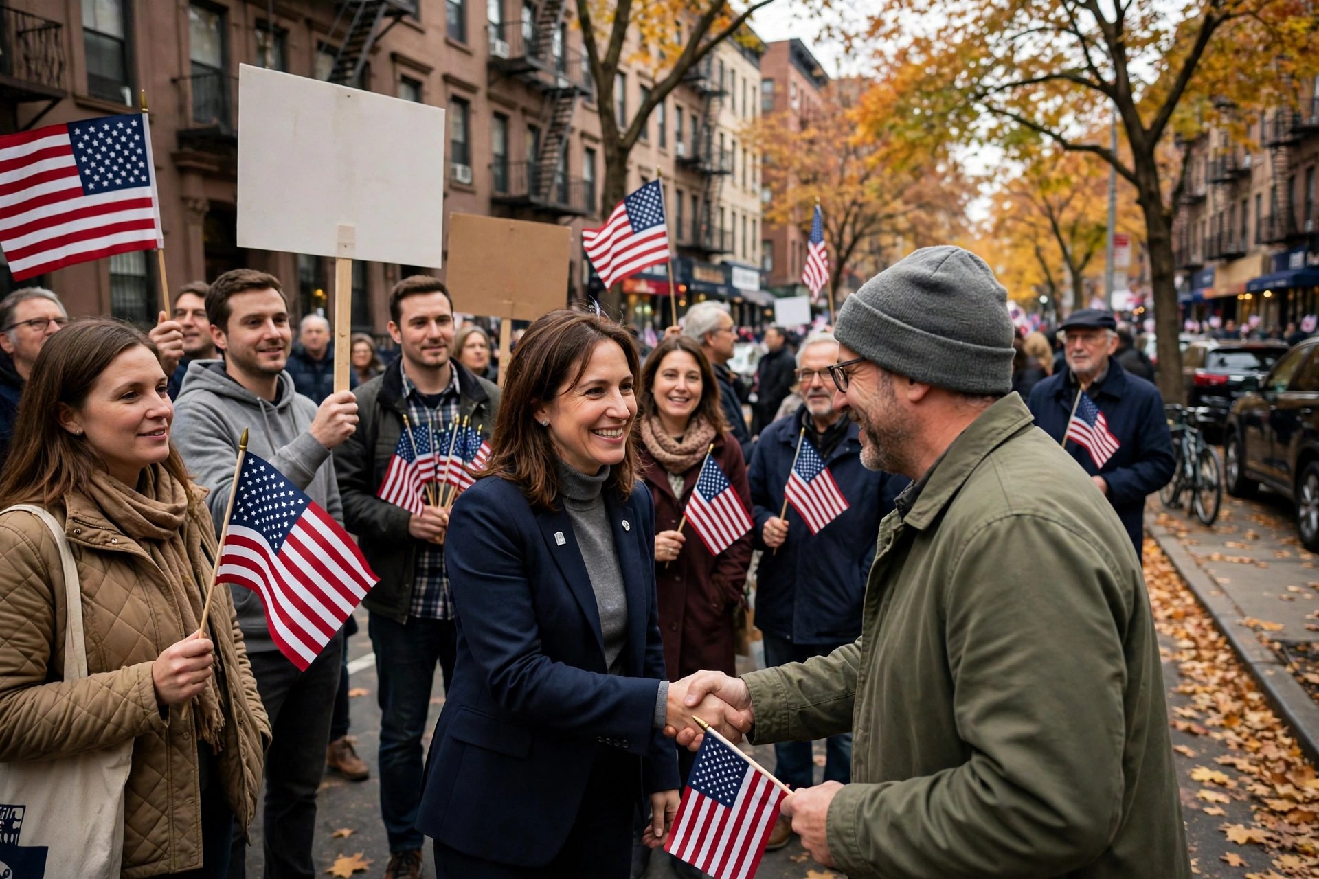 Editorial illustration: a gubernatorial campaign rally in New York City with American flags