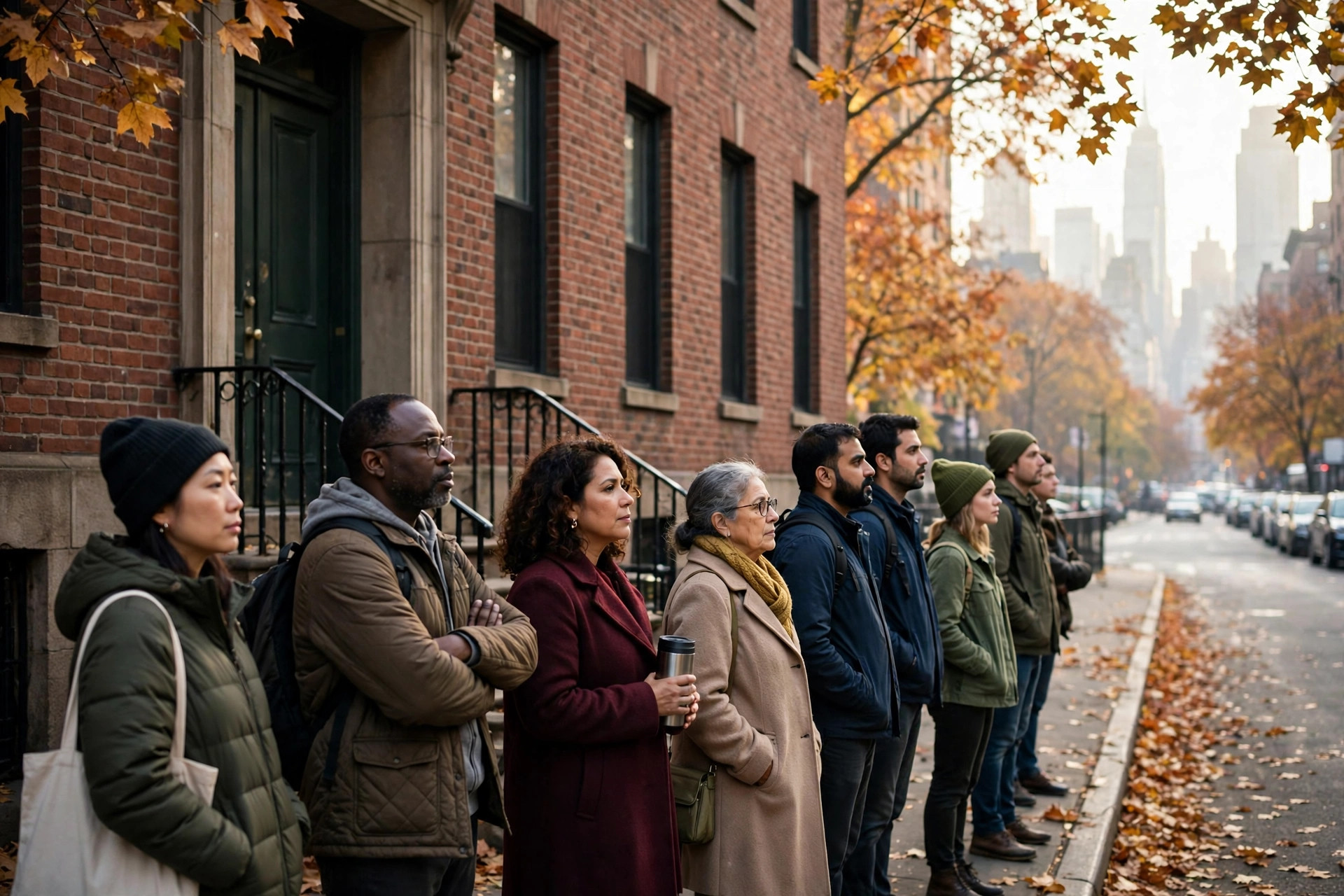 Editorial illustration: voters waiting outside a New York City polling place on an autumn morning
