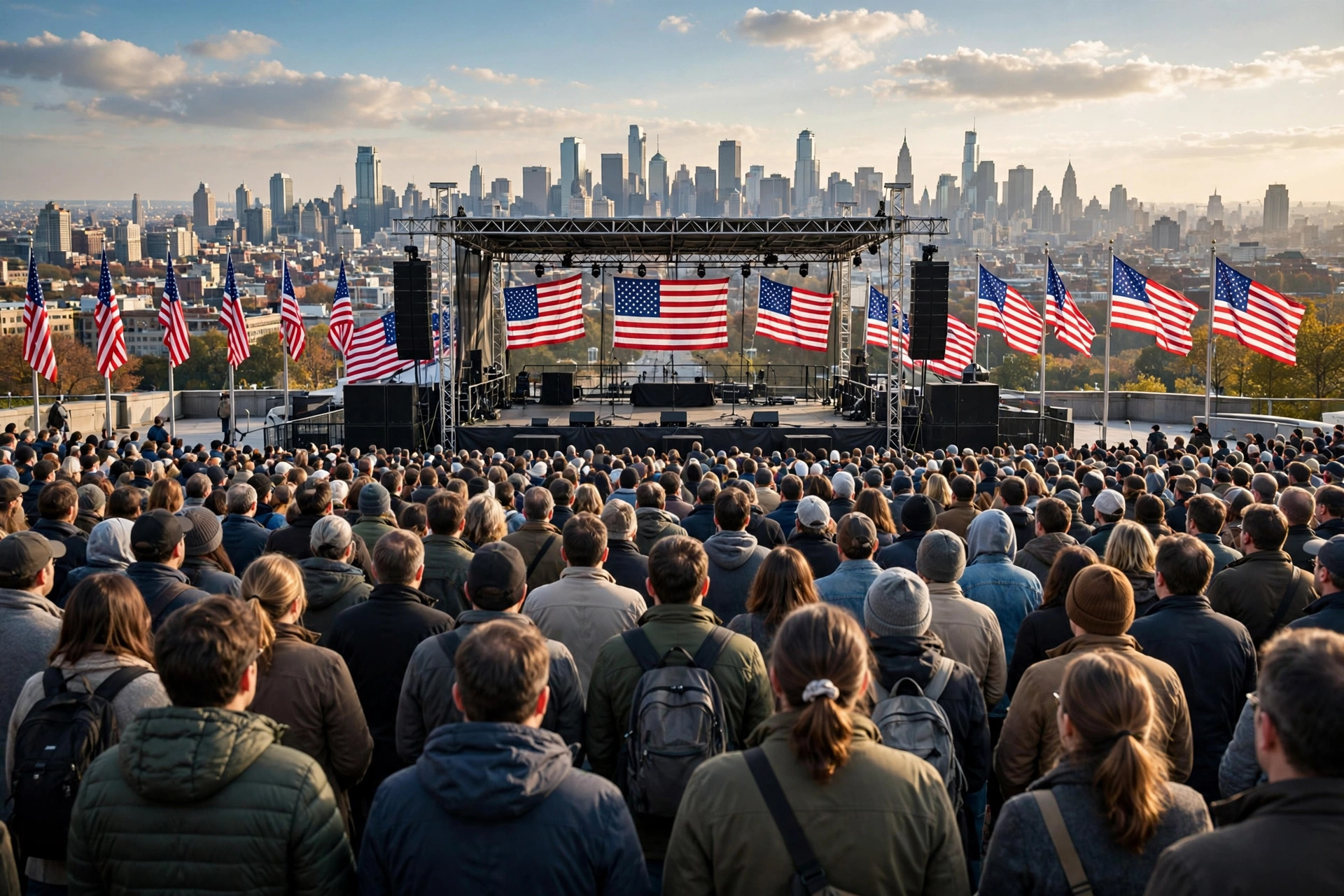 Editorial illustration: a large campaign rally crowd facing a stage with American flags, a city skyline behind