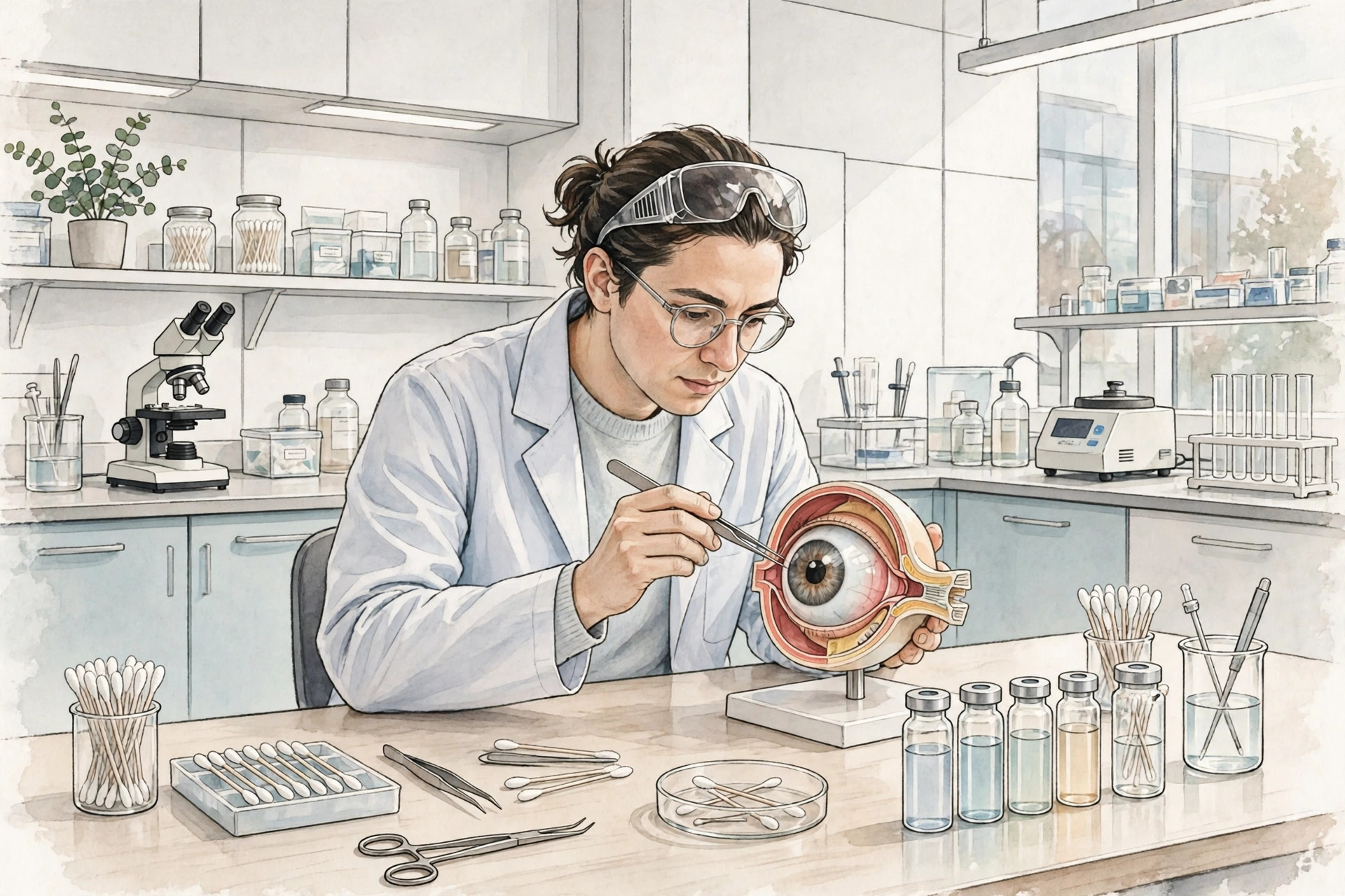 Editorial illustration: a scientist in an eye research laboratory examining a model of a human eye