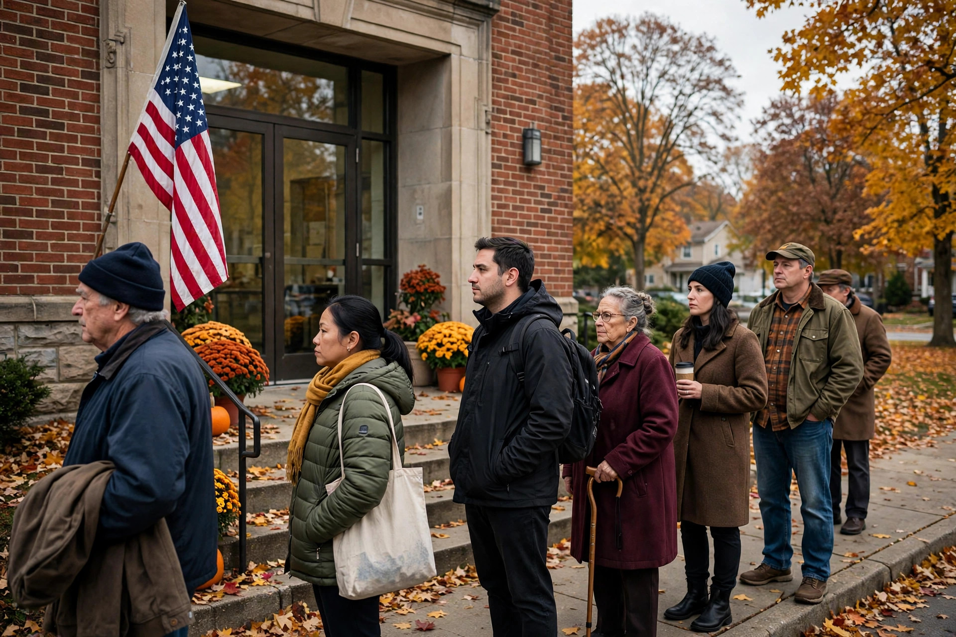 Editorial illustration: voters in line outside an Ohio polling place in autumn