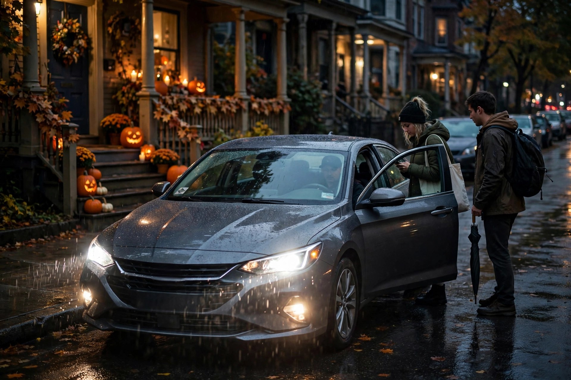 Editorial illustration: a rideshare car picking up passengers on a city street at night near Halloween porch decorations