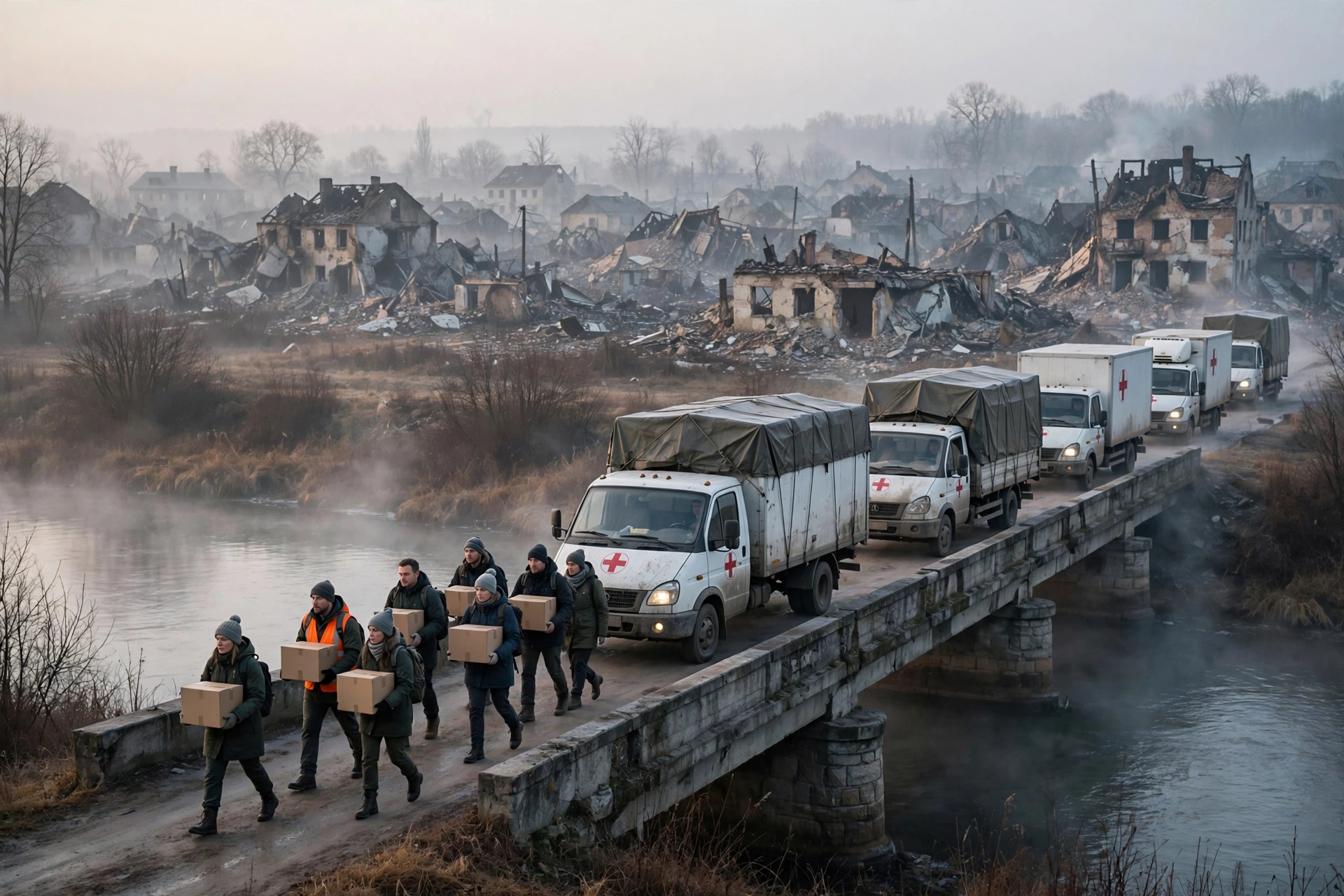 Editorial illustration: a humanitarian aid convoy crossing a river bridge toward a war-damaged Ukrainian town at dawn