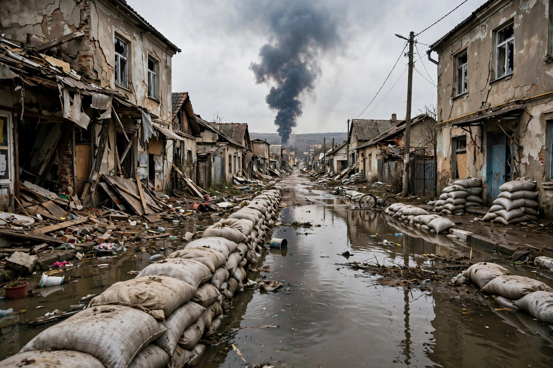 Editorial illustration: a flooded, damaged town street in southern Ukraine with sandbags