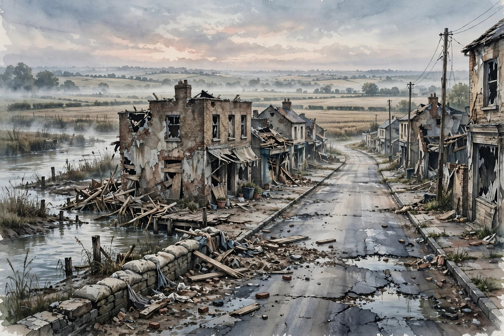 Editorial illustration: a quiet, damaged riverside town street at dawn with an empty road leading out toward fields