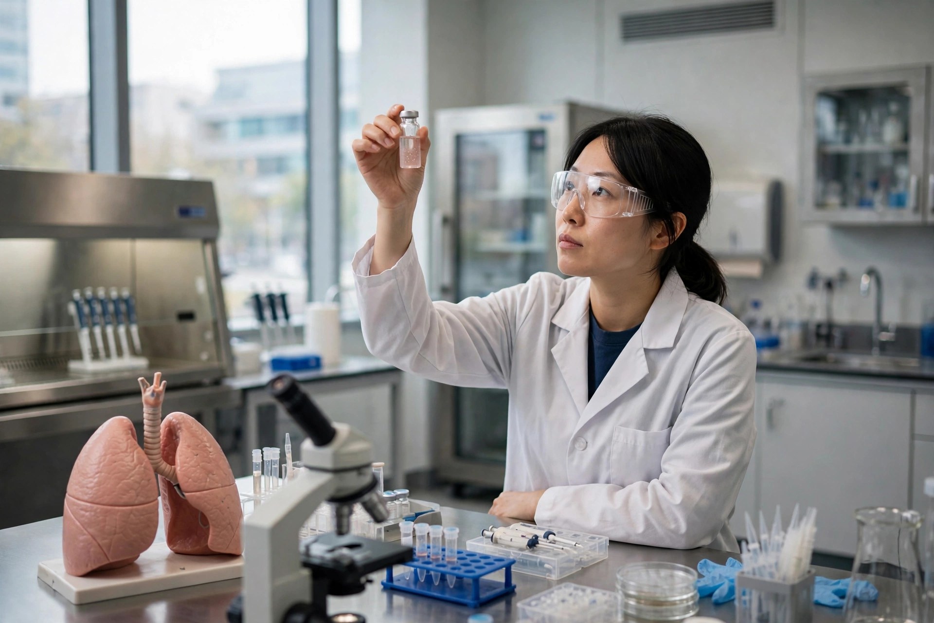 Editorial illustration: a scientist in a cancer research laboratory holding a vial