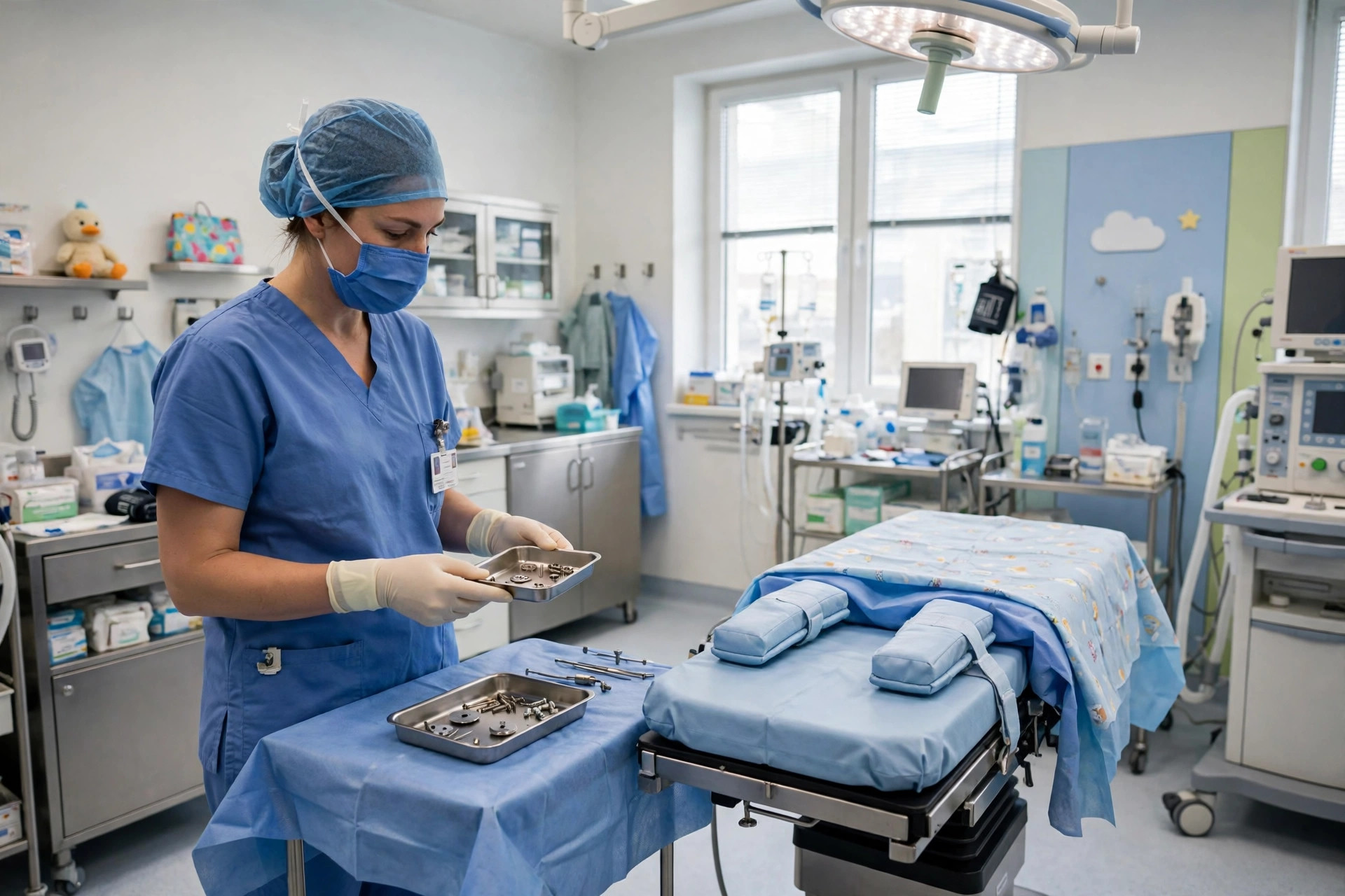 Editorial illustration: a pediatric orthopedic operating room with a surgeon holding a small implant tray