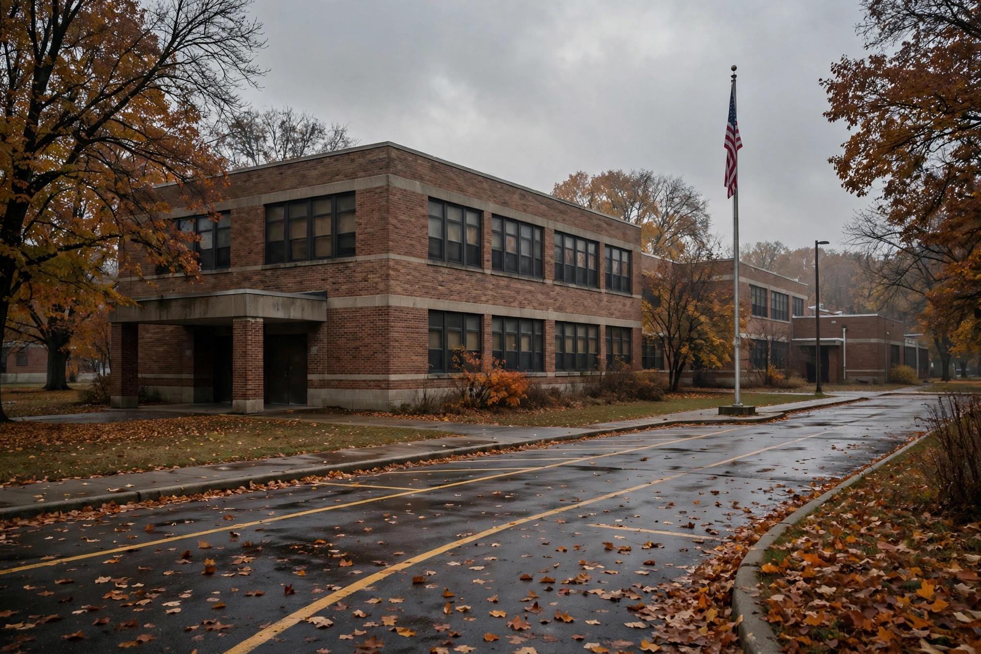 Editorial illustration: a quiet Midwestern middle school building in autumn morning light