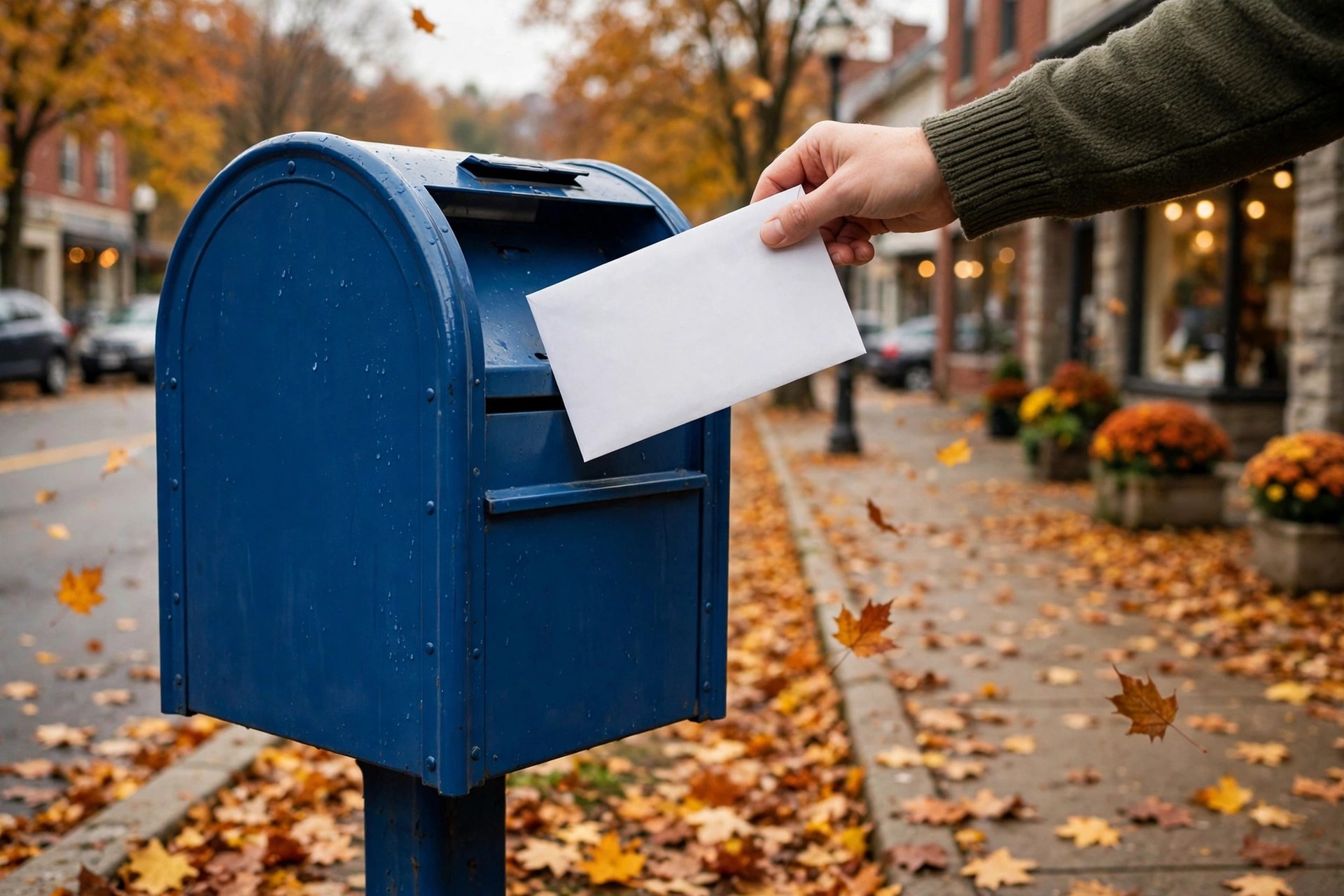 Editorial illustration: a hand dropping a mail ballot envelope into a blue mailbox on a Pennsylvania town street in autumn