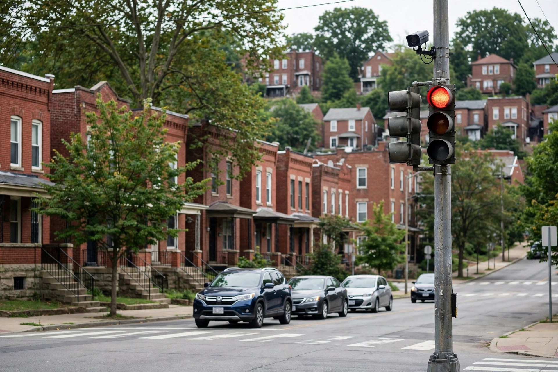Editorial illustration: a Pittsburgh street intersection with a traffic signal and enforcement camera above it